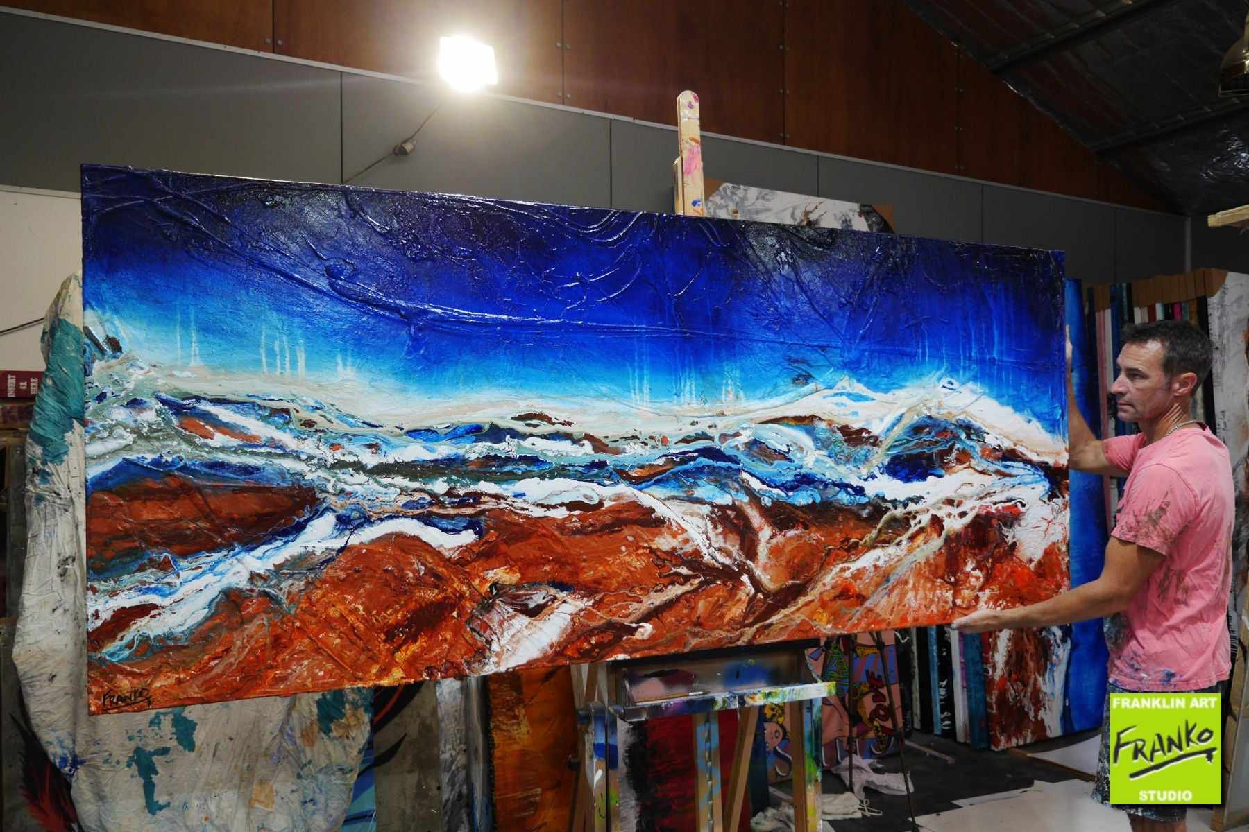 Outback Utopia 240cm x 100cm Blue Brown Textured Abstract Painting (SOLD)-Abstract-[Franko_Artist]-[The_Block]-[Dream_Homes]-[ideas]- [Grand_Designs]-Franklin Art Studio