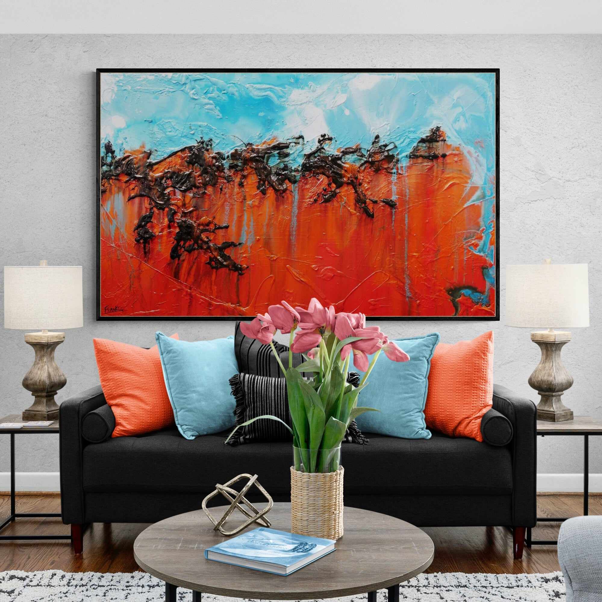 Outback Vibes 160cm x 100cm Orange Blue Textured Abstract Painting (SOLD)-Abstract-[Franko_Artist]-[Australian_artist]-[Gold_Coast]-[Brisbane]-[modern]-[contemporary]-[original]-[Large_artwork]-[The_Block]-[Dream_Homes]-[ideas]-[Grand_Designs]-[Art_Lover]-Franklin Art Studio