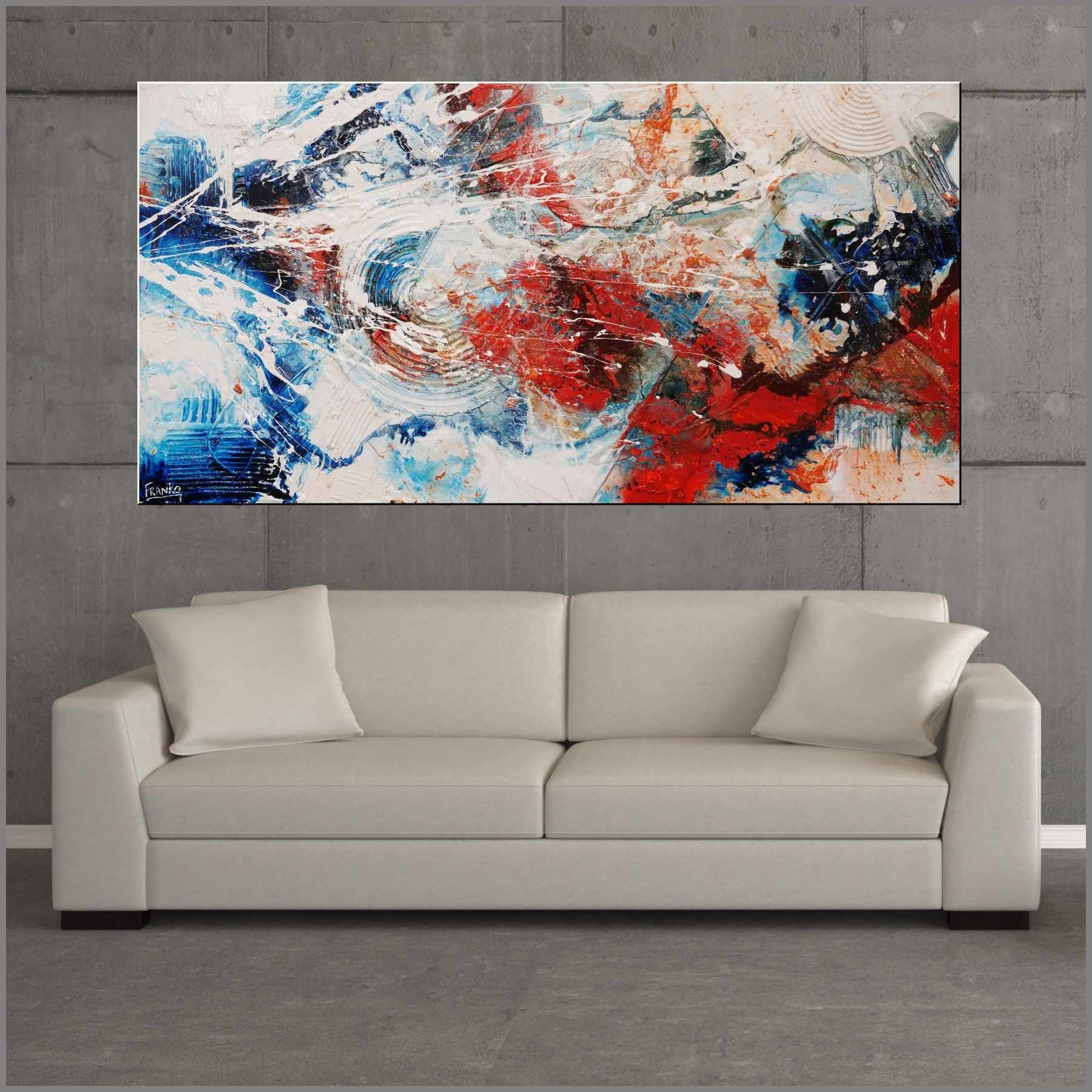 Overlanding 190cm x 100cm White Orange Blue Textured Abstract Painting (SOLD)-Abstract-[Franko_Artist]-[Australian_artist]-[Gold_Coast]-[Brisbane]-[modern]-[contemporary]-[original]-[Large_artwork]-[The_Block]-[Dream_Homes]-[ideas]-[Grand_Designs]-[Art_Lover]-Franklin Art Studio