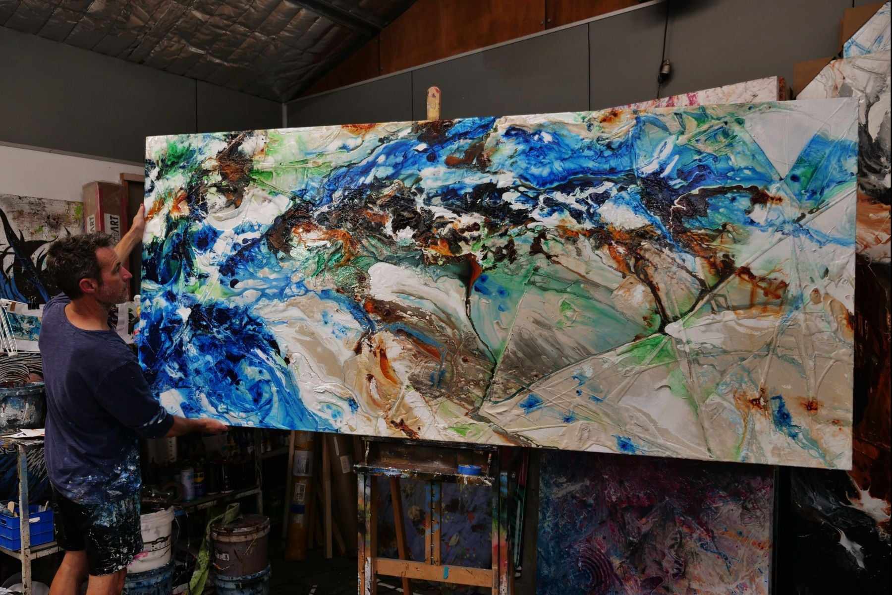 Oxide Nature 270cm x 120cm Blue Cream Oxide Textured Abstract Painting (SOLD)-Abstract-[Franko_Artist]-[The_Block]-[Dream_Homes]-[ideas]-[Grand_Designs]-[Art_Lover]-Franklin Art Studio