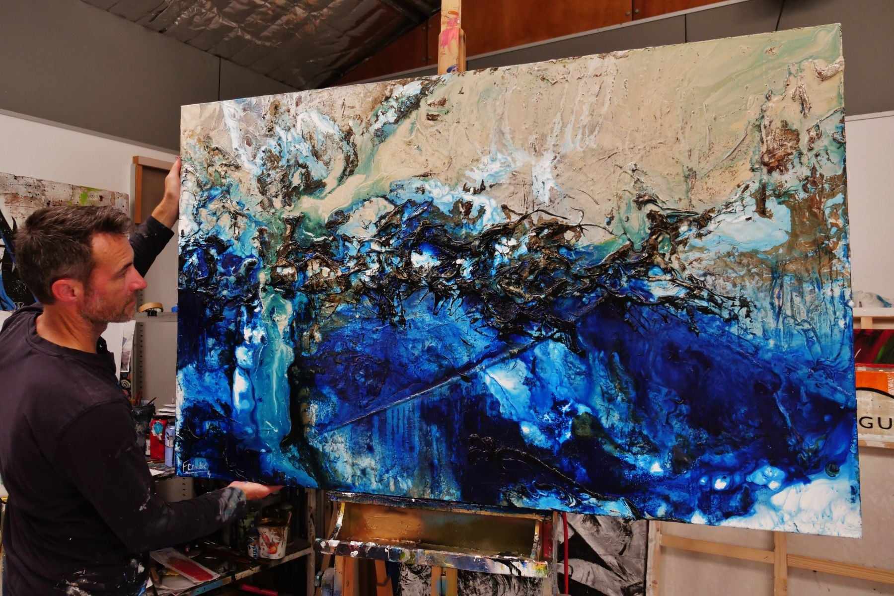 Oyster Cove 160cm x 100cm Blue Cream Textured Abstract Painting (SOLD)-Abstract-[Franko_Artist]-[The_Block]-[Dream_Homes]-[ideas]- [Grand_Designs]-Franklin Art Studio