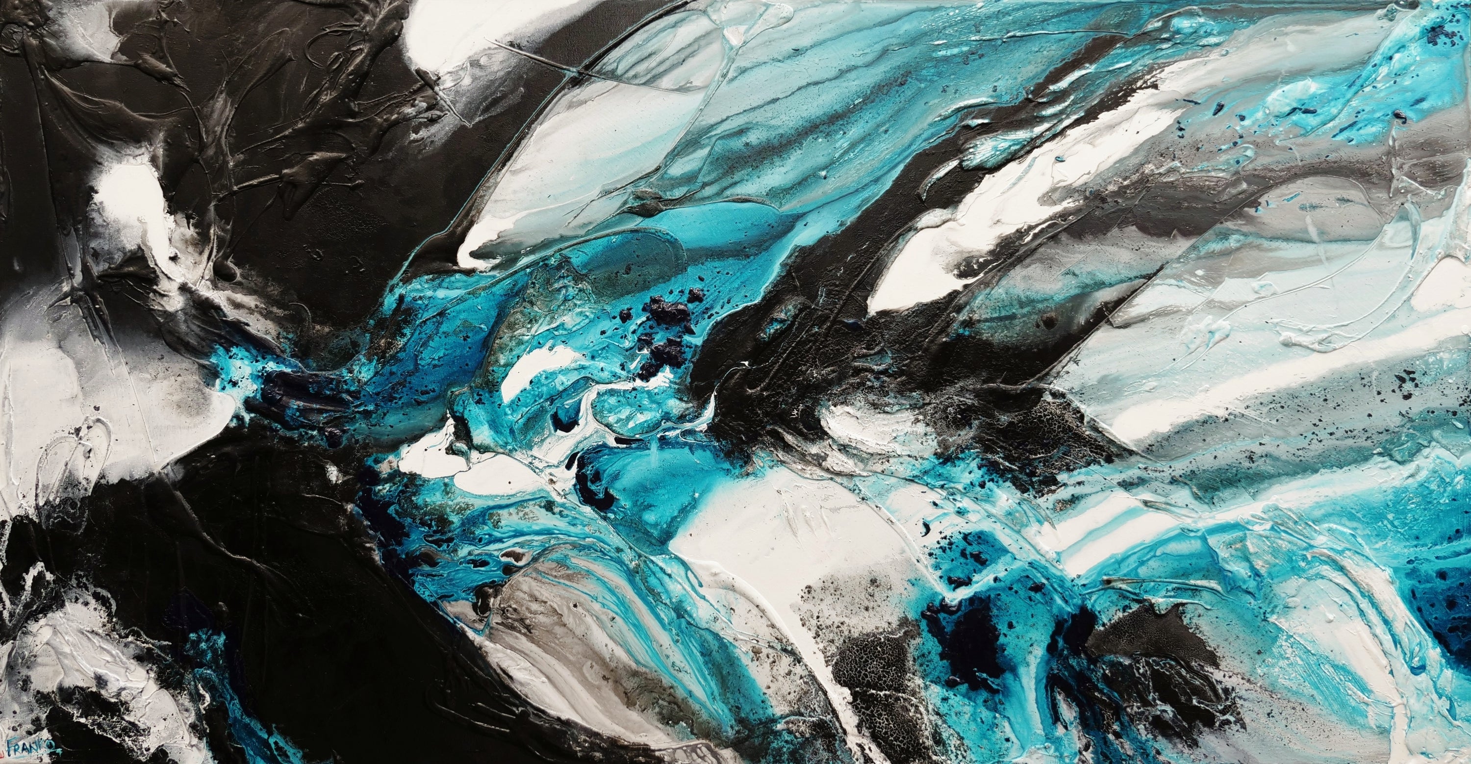 Southern Nero 190cm x 100cm Black Teal White Textured Abstract Painting (SOLD)-Abstract-[Franko_Artist]-[Australian_artist]-[Gold_Coast]-[Brisbane]-[modern]-[contemporary]-[original]-[Large_artwork]-Franklin Art Studio