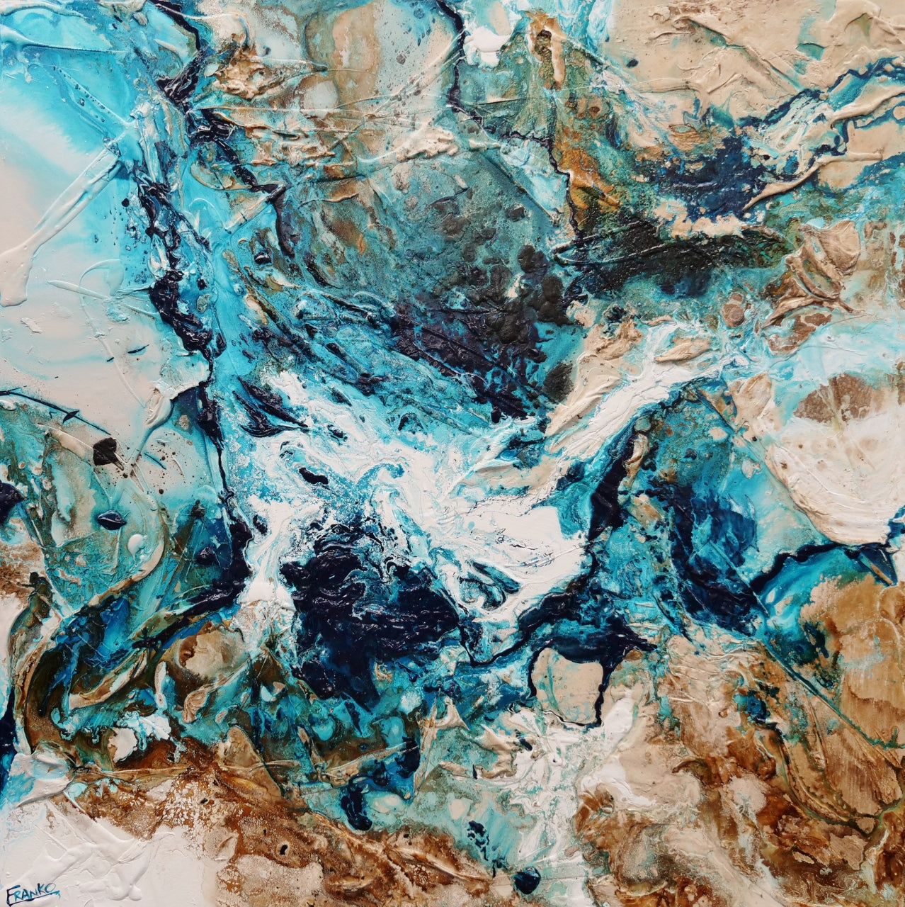 Southern and Rust 120cm x 120cm Teal Phalto White Textured Abstract Painting (SOLD)-Abstract-[Franko_Artist]-[Australian_artist]-[Gold_Coast]-[Brisbane]-[modern]-[contemporary]-[original]-[Large_artwork]-Franklin Art Studio