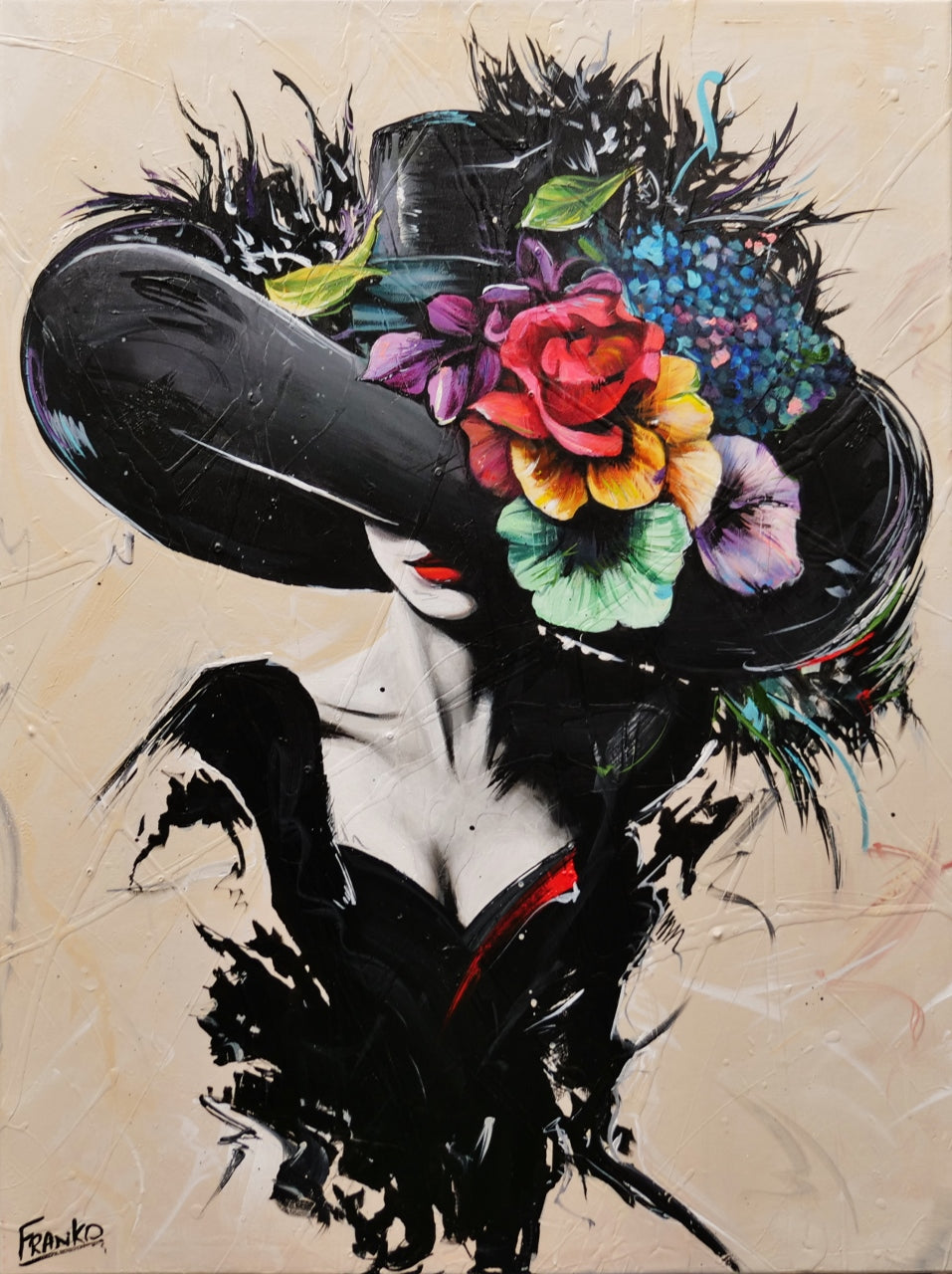 Summer 75cm x 100cm Flower Hat Abstract Elegance Textured Painting (SOLD)-people-[Franko_Artist]-[Australian_artist]-[Gold_Coast]-[Brisbane]-[modern]-[contemporary]-[original]-[Large_artwork]-Franklin Art Studio