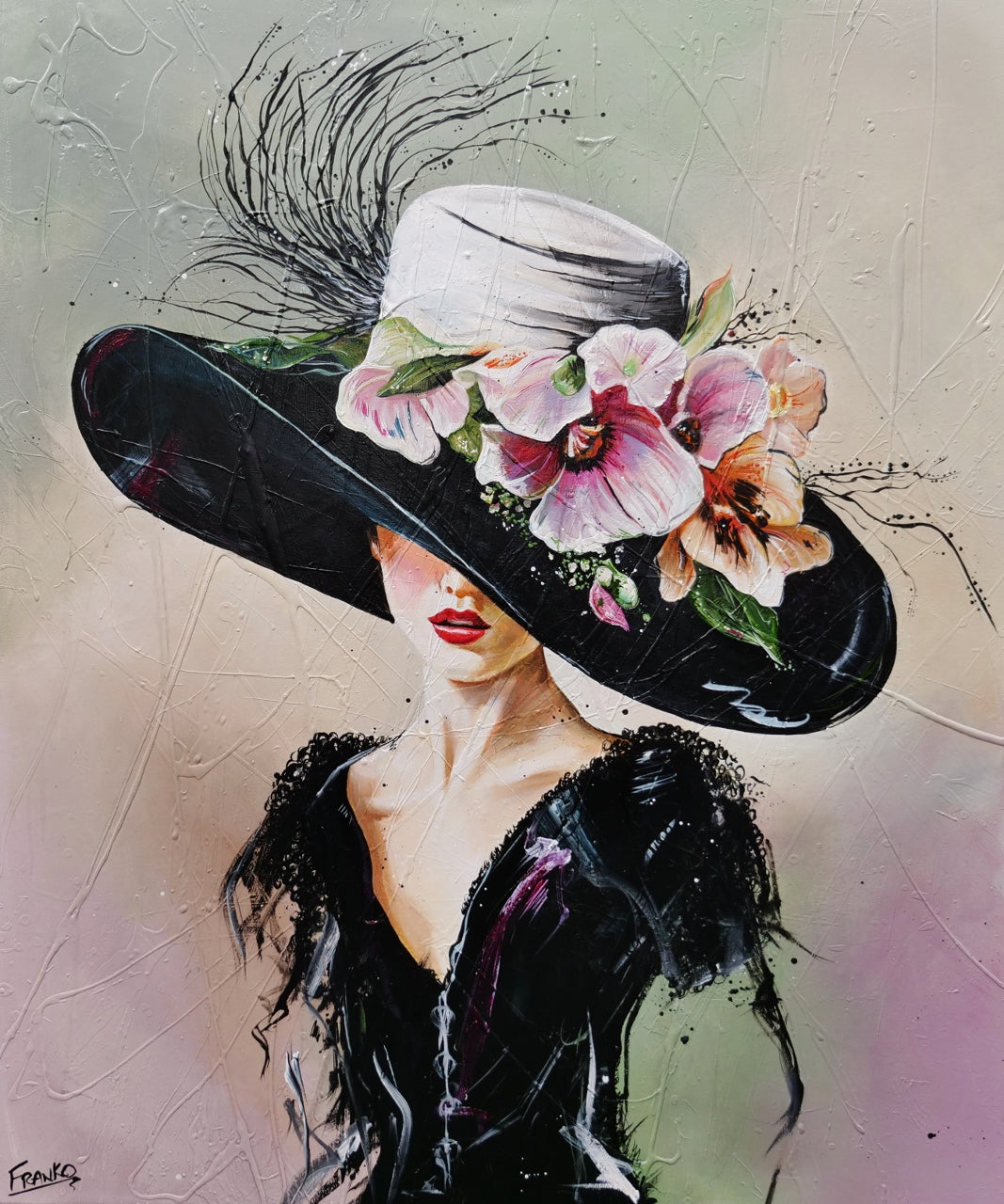 Margot 120cm x 100cm Flower Hat Abstract Elegance Textured Painting (SOLD)-people-[Franko_Artist]-[Australian_artist]-[Gold_Coast]-[Brisbane]-[modern]-[contemporary]-[original]-[Large_artwork]-Franklin Art Studio