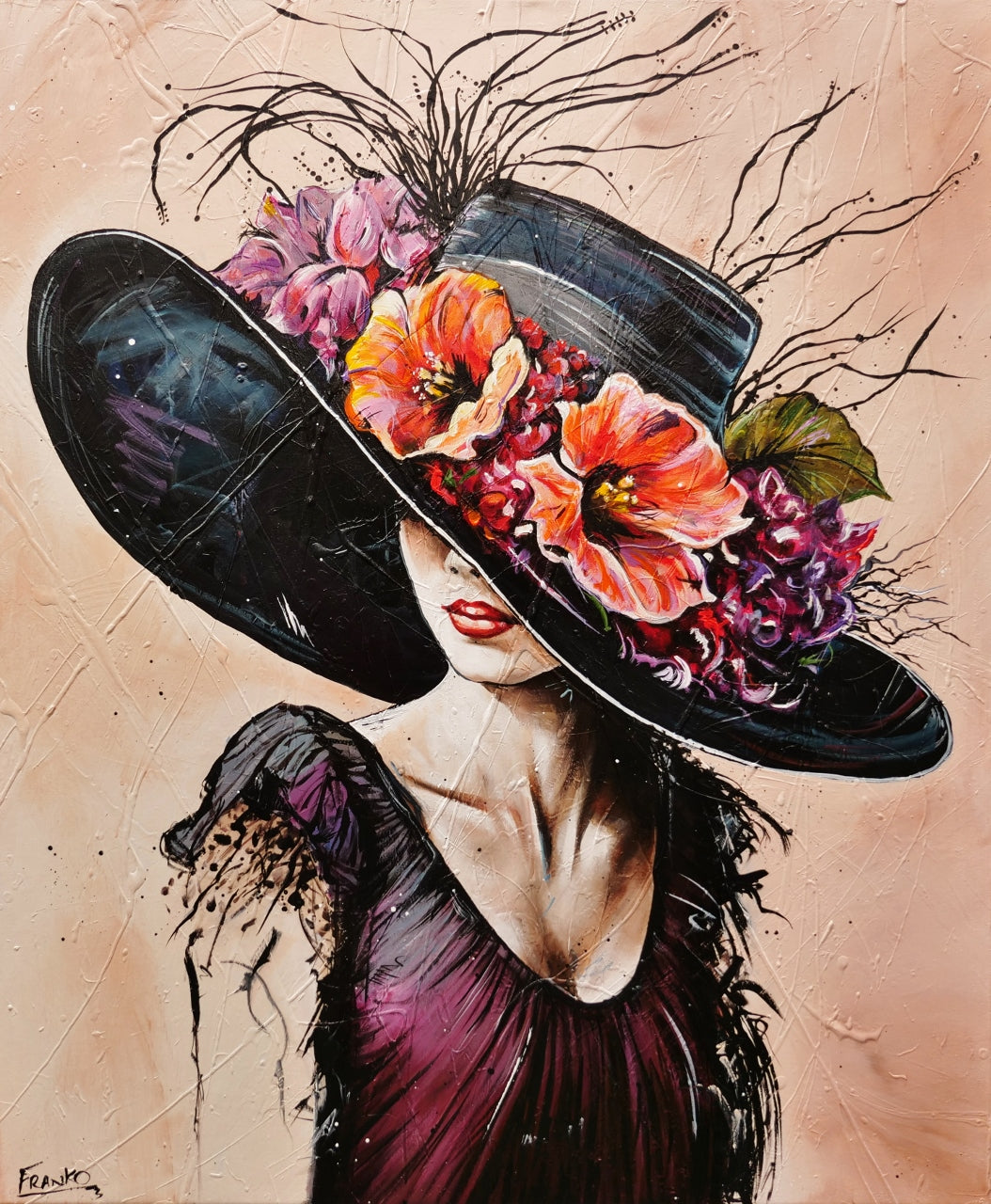 Brittany 120cm x 100cm Flower Hat Abstract Elegance Textured Painting (SOLD)-people-[Franko_Artist]-[Australian_artist]-[Gold_Coast]-[Brisbane]-[modern]-[contemporary]-[original]-[Large_artwork]-Franklin Art Studio