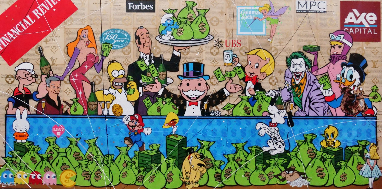 The Money Machine 240cm x 120cm Money Last Supper Urban Pop Book Club Painting-book club-[Franko_Artist]-[Australian_artist]-[Gold_Coast]-[Brisbane]-[modern]-[contemporary]-[original]-[Large_artwork]-Franklin Art Studio