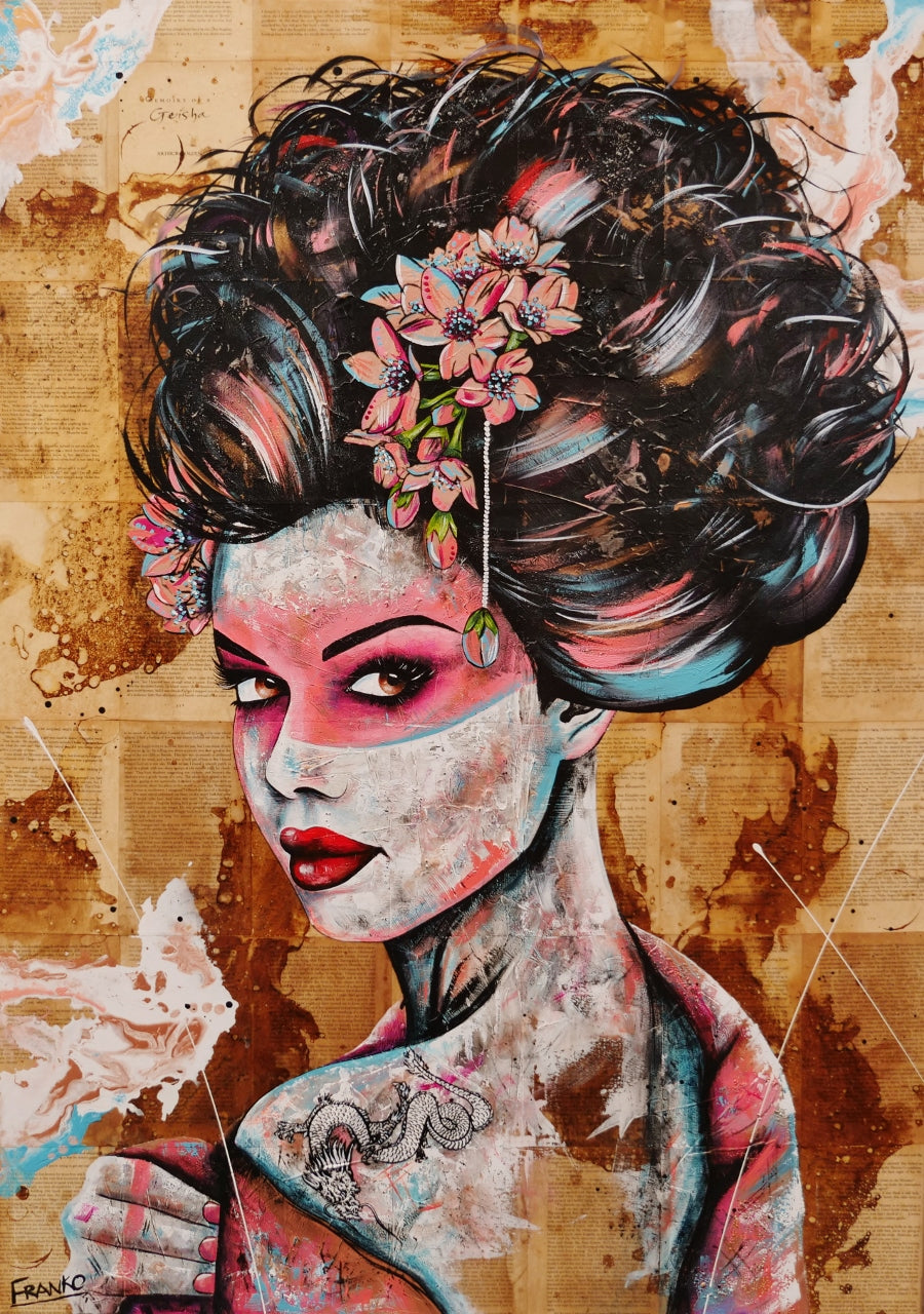 White Dragon 140cm x 100cm Euro Geisha Abstract Realism Book Club Painting (SOLD)-book club-[Franko_Artist]-[Australian_artist]-[Gold_Coast]-[Brisbane]-[modern]-[contemporary]-[original]-[Large_artwork]-Franklin Art Studio