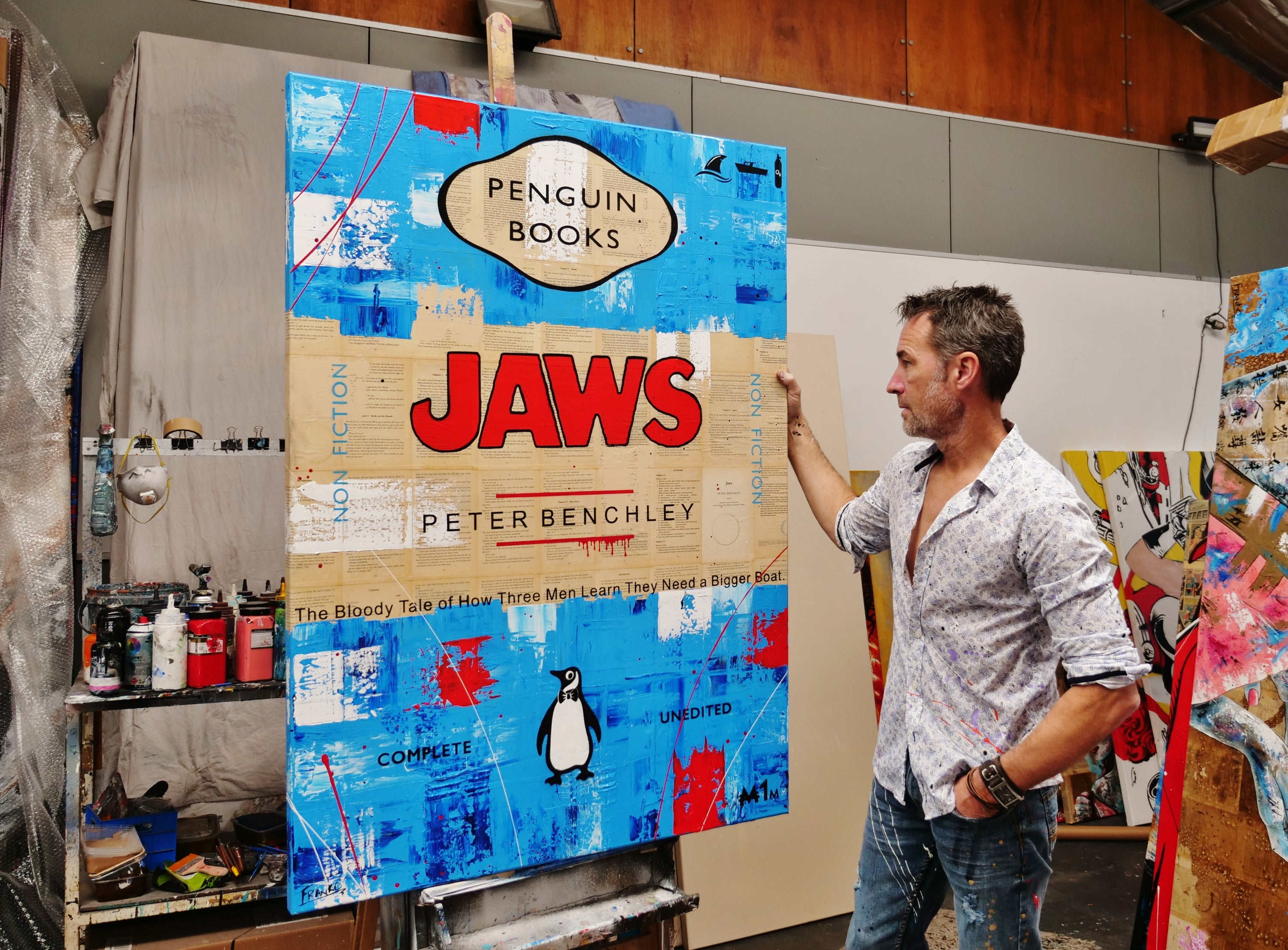 Jaws 140cm x 100cm Urban Pop Book Club Painting (SOLD)-book club-[Franko_Artist]-[The_Block]-[Dream_Homes]-[ideas]- [Grand_Designs]-Franklin Art Studio