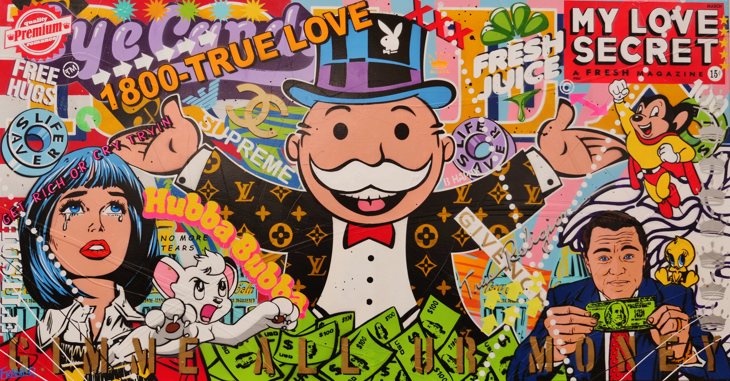 Jackpot Money 190cm x 100cm Monopoly Man Textured Urban Pop Art Painting (SOLD)-Urban Pop Art-[Franko_Artist]-[Australian_artist]-[Gold_Coast]-[Brisbane]-[modern]-[contemporary]-[original]-[Large_artwork]-Franklin Art Studio