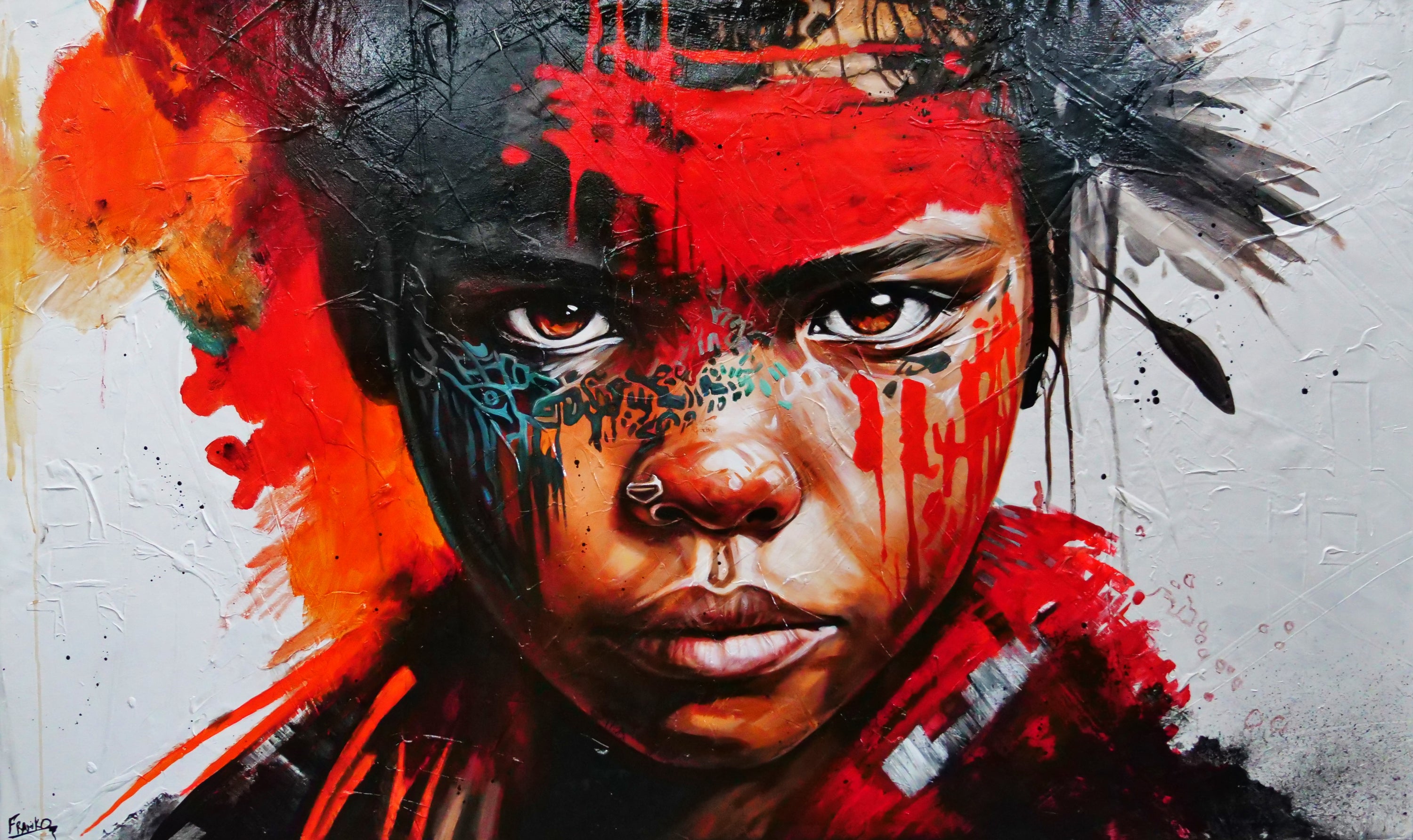 Warrior 200cm x 120cm Brave and Beautiful Abstract Framed Textured Painting (SOLD)-people-[Franko_Artist]-[Australian_artist]-[Gold_Coast]-[Brisbane]-[modern]-[contemporary]-[original]-[Large_artwork]-Franklin Art Studio