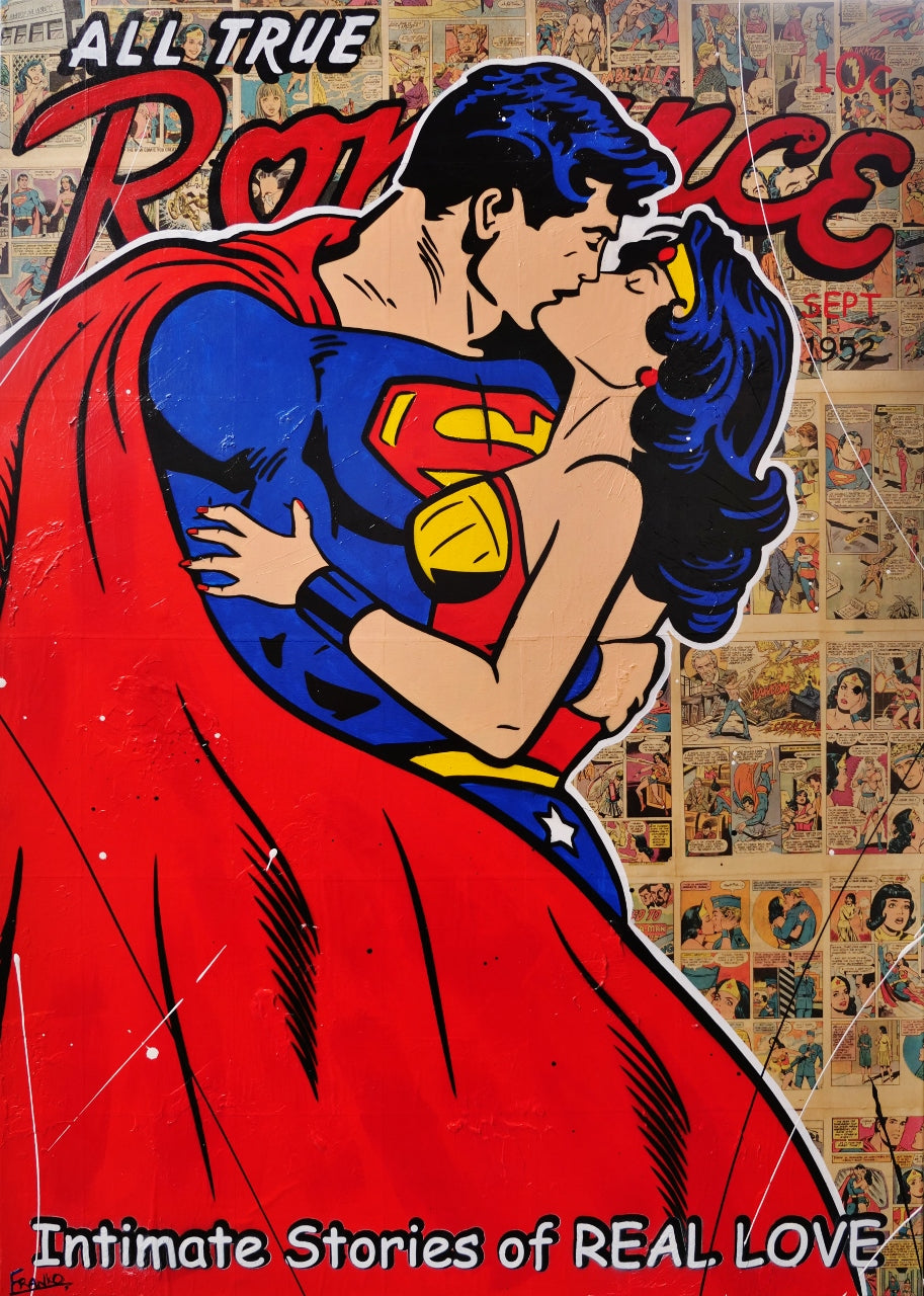 True Romancing 140cm x 100cm Superman Urban Pop Art Book Club Painting (SOLD)-book club-[Franko_Artist]-[Australian_artist]-[Gold_Coast]-[Brisbane]-[modern]-[contemporary]-[original]-[Large_artwork]-Franklin Art Studio
