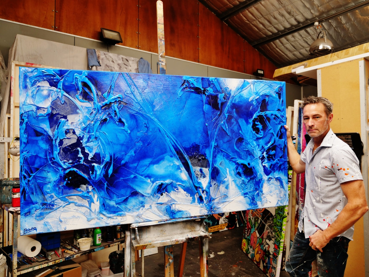 Sapphire Horizon 190cm x 100cm Blue White Textured Abstract Painting (SOLD)-Abstract-[Franko_Artist]-[The_Block]-[Dream_Homes]-[ideas]- [Grand_Designs]-Franklin Art Studio