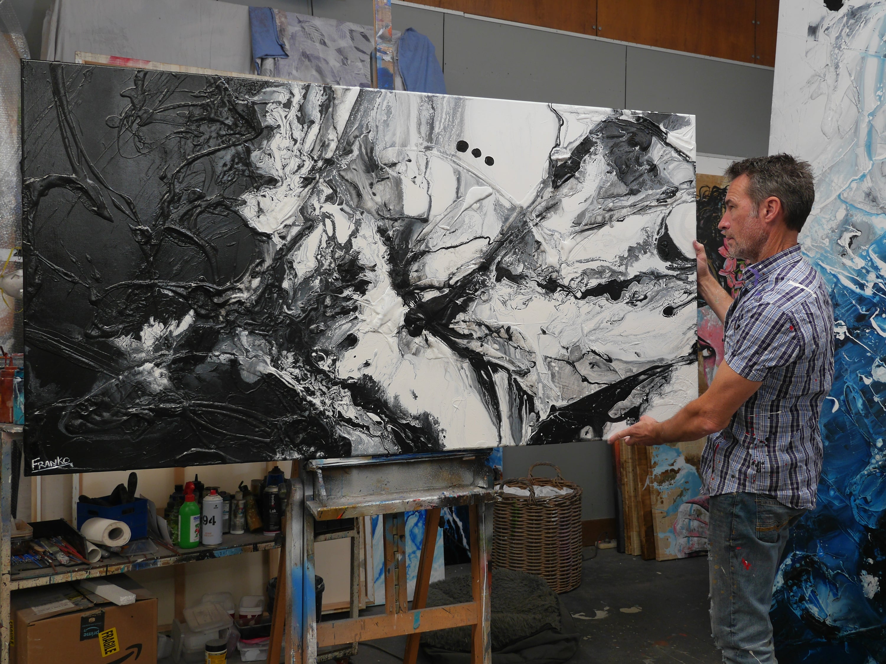 Black Haze 190cm x 100cm Black White Textured Abstract Painting (SOLD)-Abstract-[Franko_Artist]-[The_Block]-[Dream_Homes]-[ideas]- [Grand_Designs]-Franklin Art Studio