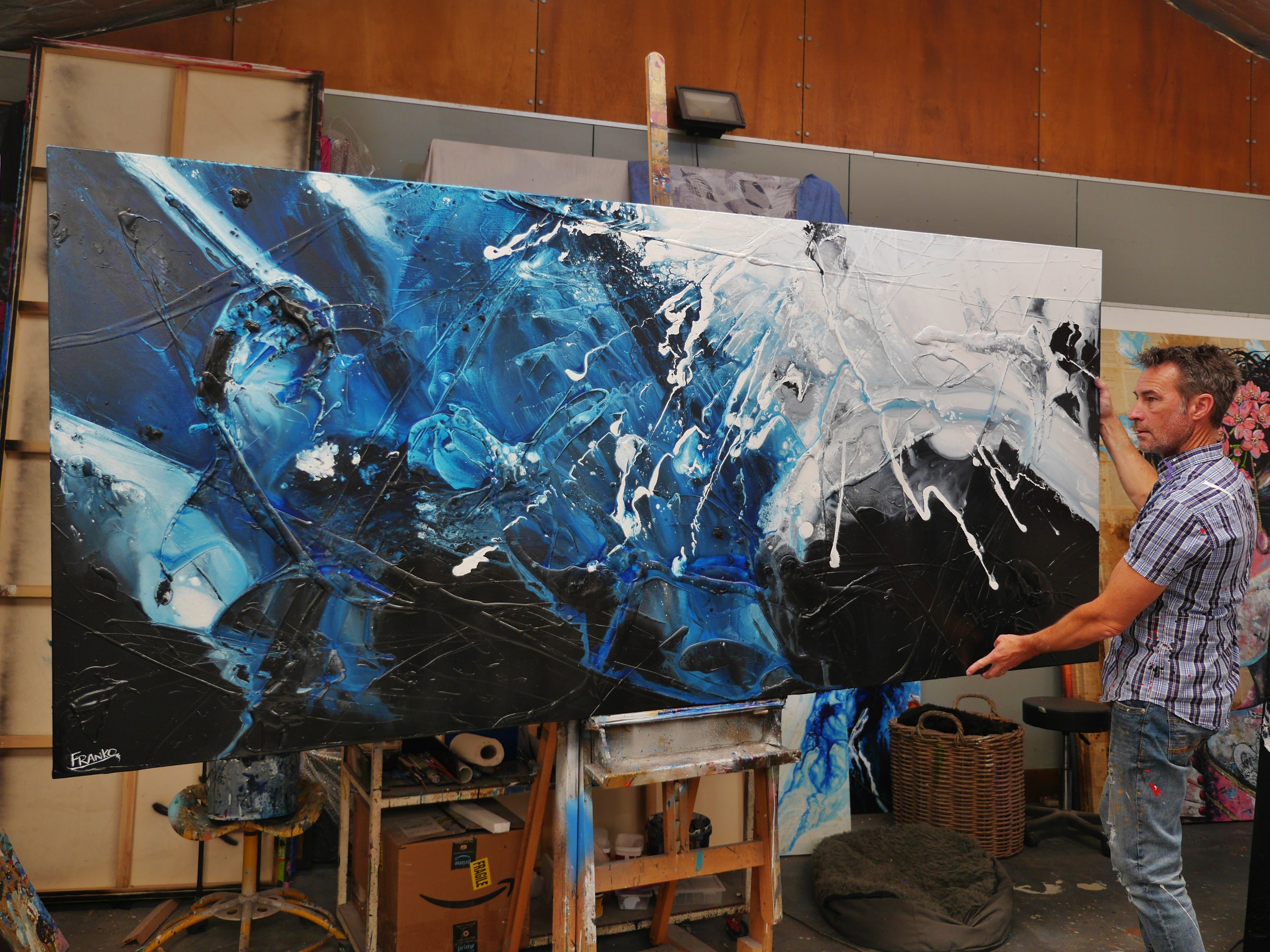 Black and Blue 270cm x 120cm Black Blue White Textured Abstract Painting (SOLD)-Abstract-[Franko_Artist]-[The_Block]-[Dream_Homes]-[ideas]- [Grand_Designs]-Franklin Art Studio