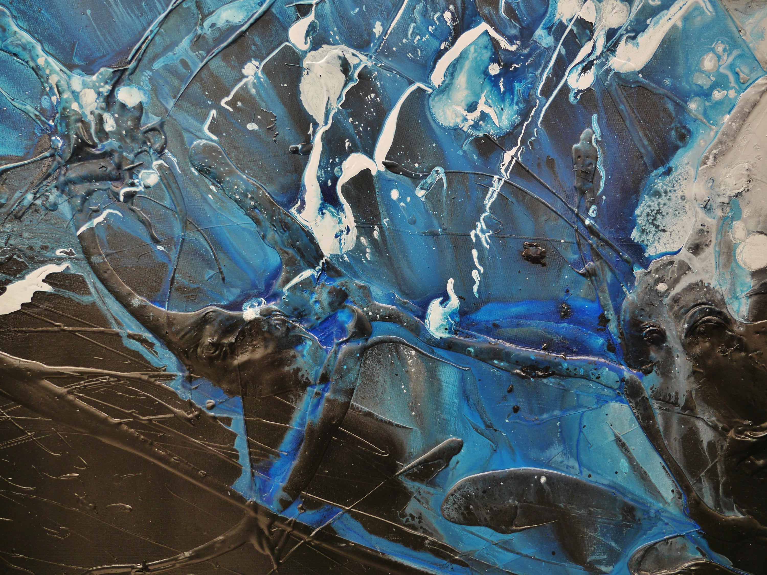 Black and Blue 270cm x 120cm Black Blue White Textured Abstract Painting (SOLD)