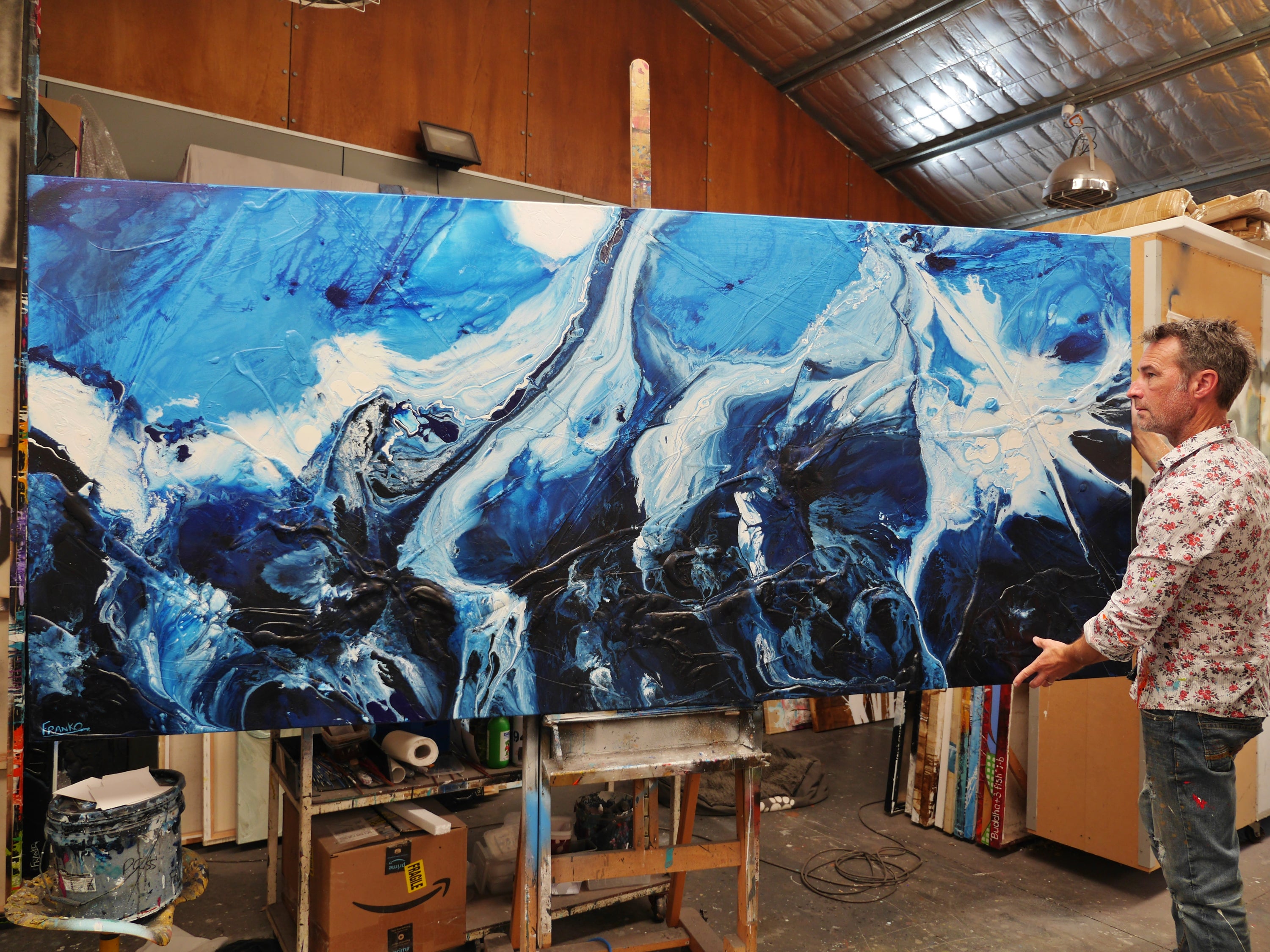 The Blue 270cm x 120cm Black Blue White Textured Abstract Painting (SOLD)-Abstract-[Franko_Artist]-[The_Block]-[Dream_Homes]-[ideas]- [Grand_Designs]-Franklin Art Studio
