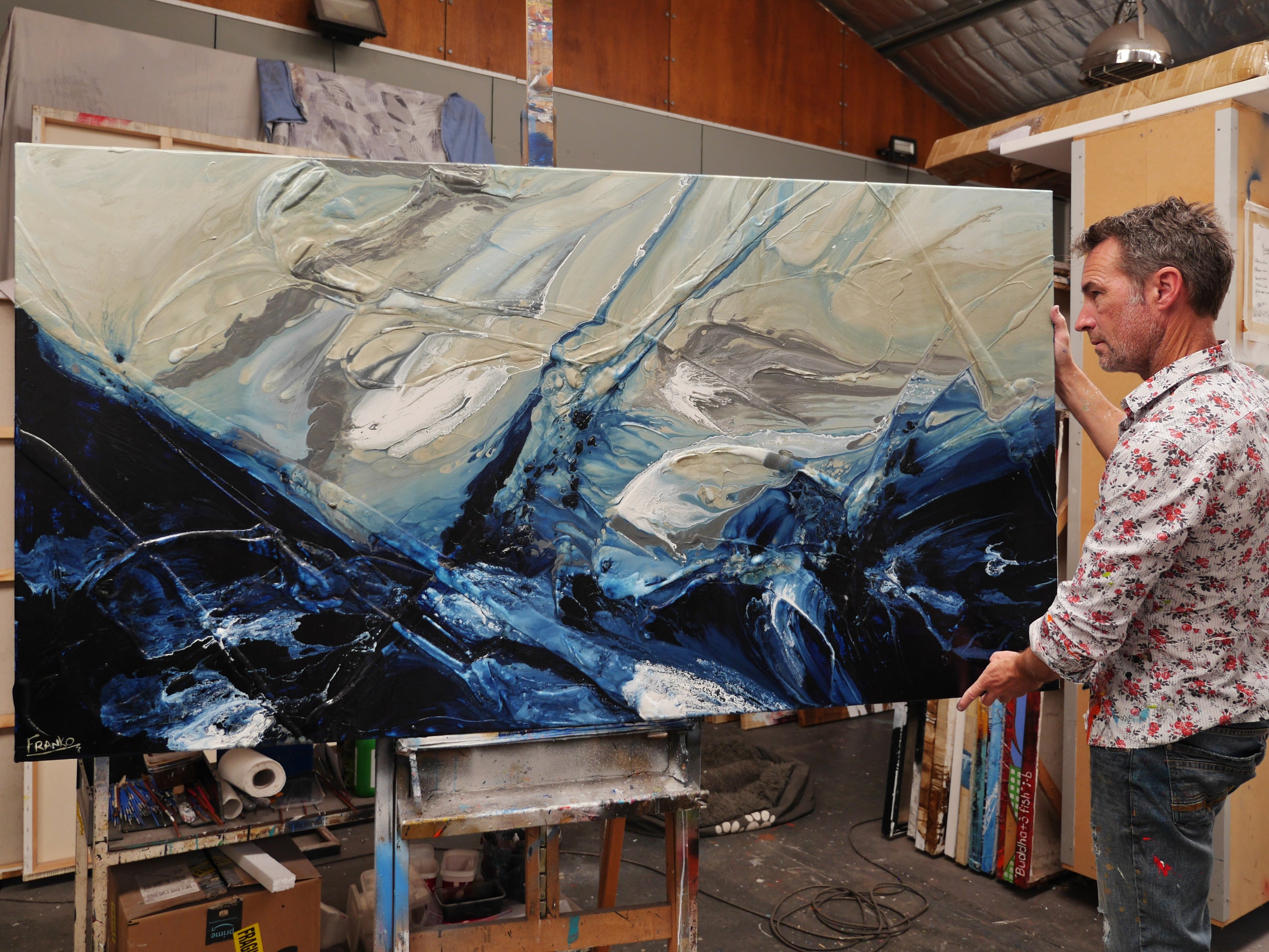 Stay and Wander 190cm x 100cm Grey Blue White Textured Abstract Painting (SOLD)-Abstract-[Franko_Artist]-[The_Block]-[Dream_Homes]-[ideas]- [Grand_Designs]-Franklin Art Studio