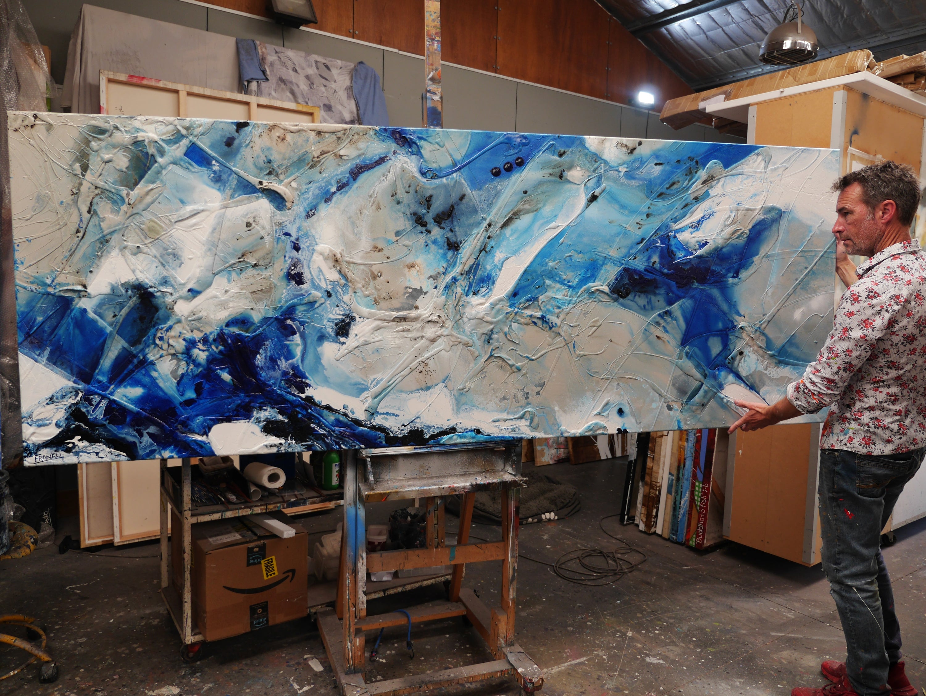 Rocking the Casbah 270cm x 100cm Phalto Mid Blues Honey White Textured Abstract Painting (SOLD)-Abstract-[Franko]-[Australian]-[Popular]-[Best Selling]-Franklin Art Studio
