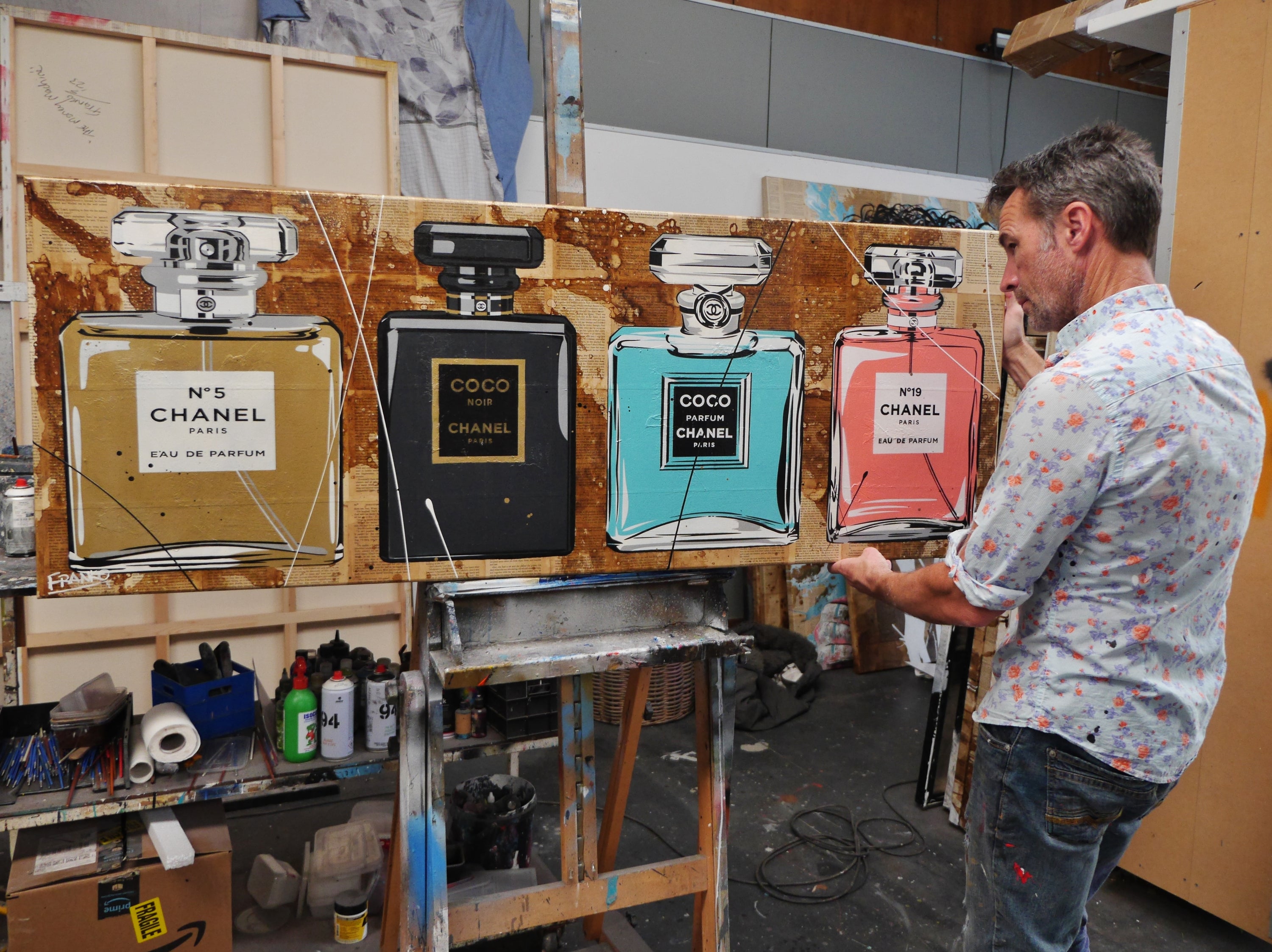 Fragrances 160cm x 60cm Chanel Perfume Bottles Urban Pop Book Club Painting (SOLD)-book club-[Franko_Artist]-[The_Block]-[Dream_Homes]-[ideas]- [Grand_Designs]-Franklin Art Studio