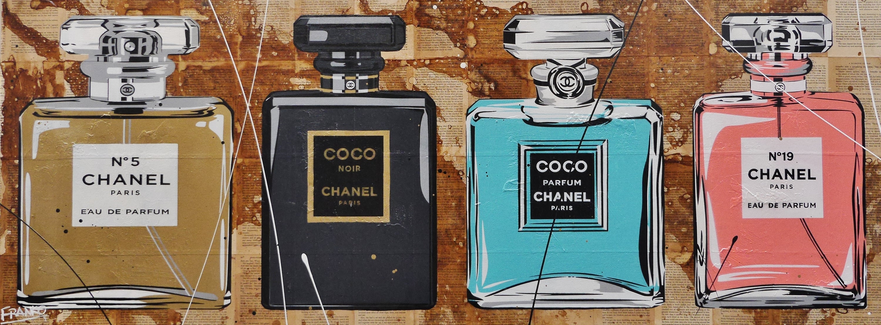 Fragrances 160cm x 60cm Chanel Perfume Bottles Urban Pop Book Club Painting (SOLD)-book club-[Franko_Artist]-[Australian_artist]-[Gold_Coast]-[Brisbane]-[modern]-[contemporary]-[original]-[Large_artwork]-Franklin Art Studio