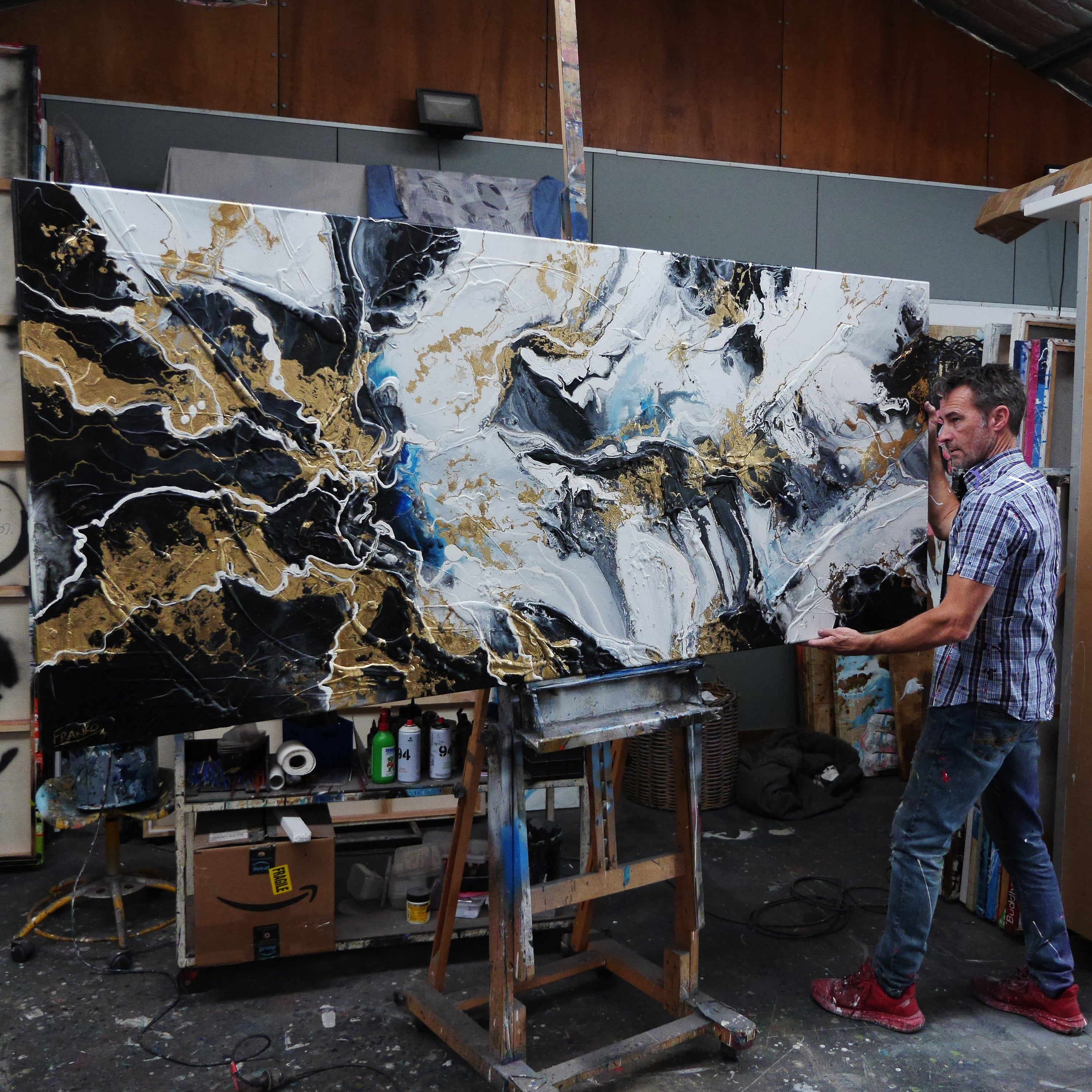The Bling 240cm x 100cm Black Metallic Gold Blue Textured Abstract Painting (SOLD)-Abstract-[Franko_Artist]-[The_Block]-[Dream_Homes]-[ideas]- [Grand_Designs]-Franklin Art Studio