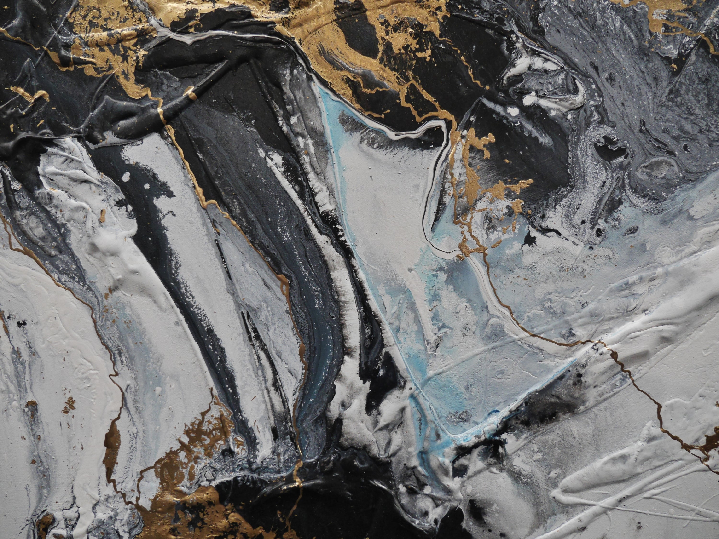 The Bling 240cm x 100cm Black Metallic Gold Blue Textured Abstract Painting (SOLD)
