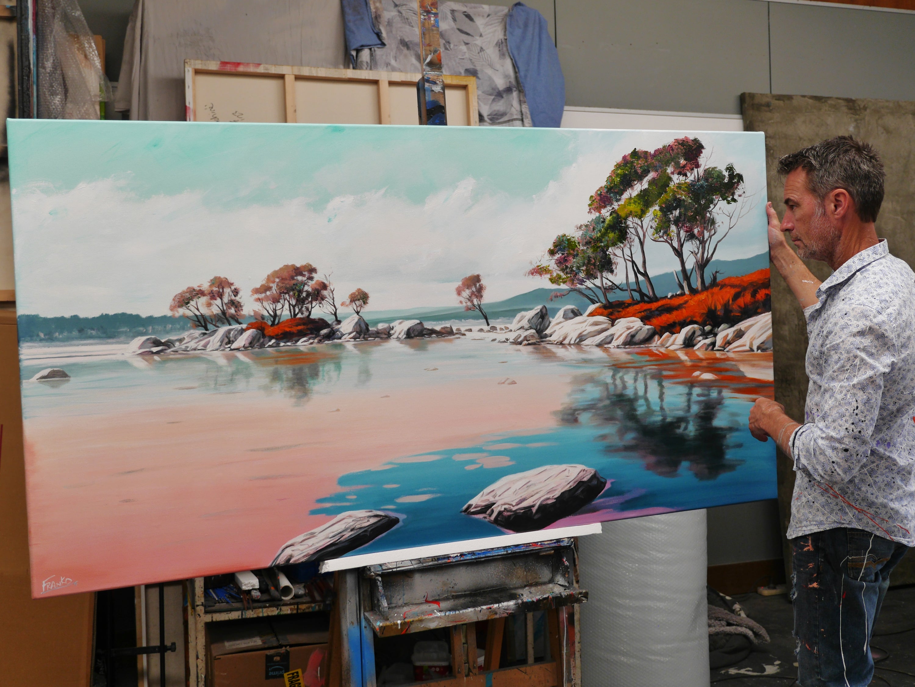 Tranquility Bay 190cm x 100cm Framed Neutral Palate Australian Landscape Abstract Painting (SOLD)-Abstract-[Franko_Artist]-[The_Block]-[Dream_Homes]-[ideas]- [Grand_Designs]-Franklin Art Studio