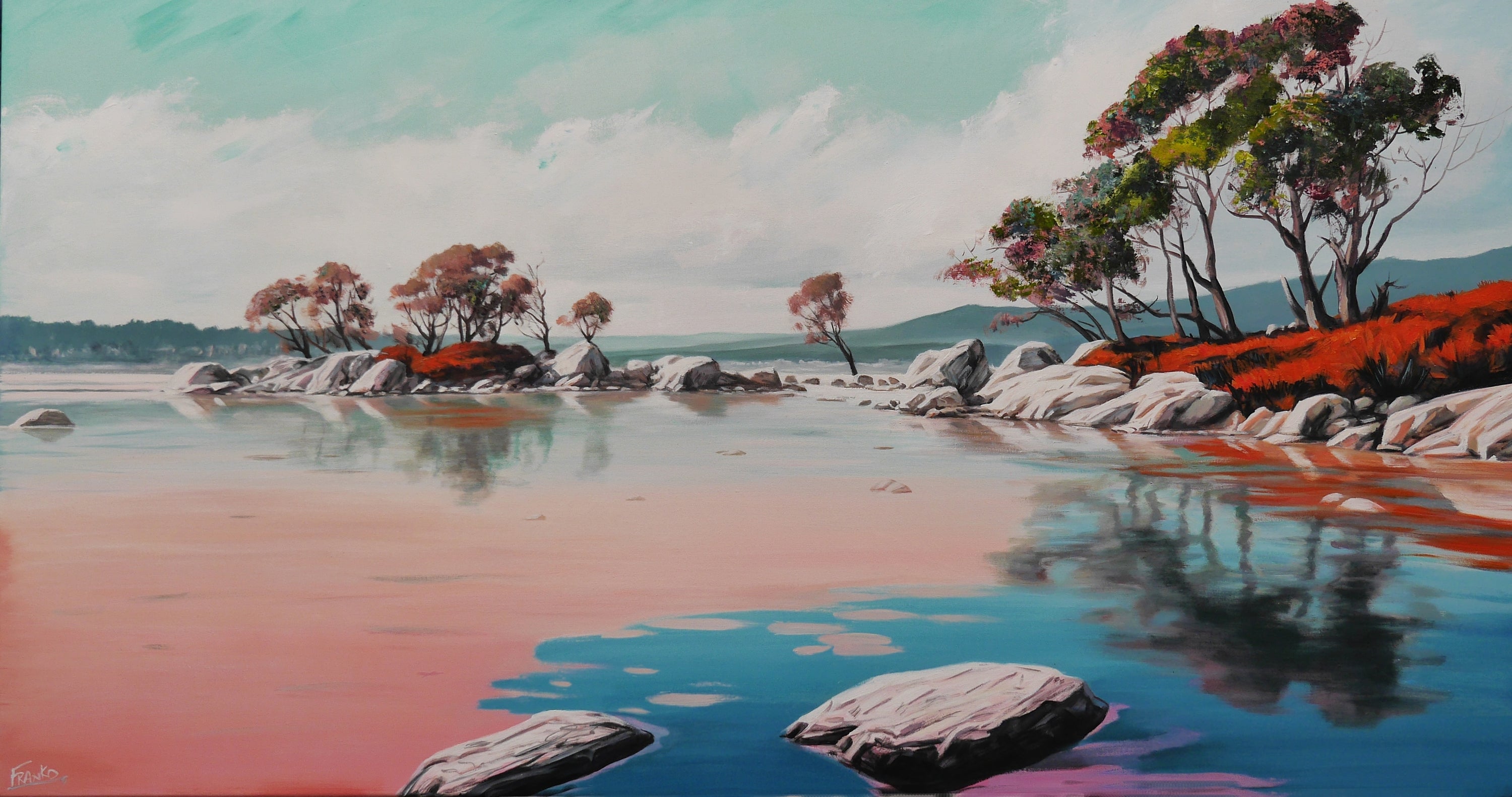 Tranquility Bay 190cm x 100cm Framed Neutral Palate Australian Landscape Abstract Painting (SOLD)-Abstract-[Franko_Artist]-[Australian_artist]-[Gold_Coast]-[Brisbane]-[modern]-[contemporary]-[original]-[Large_artwork]-Franklin Art Studio