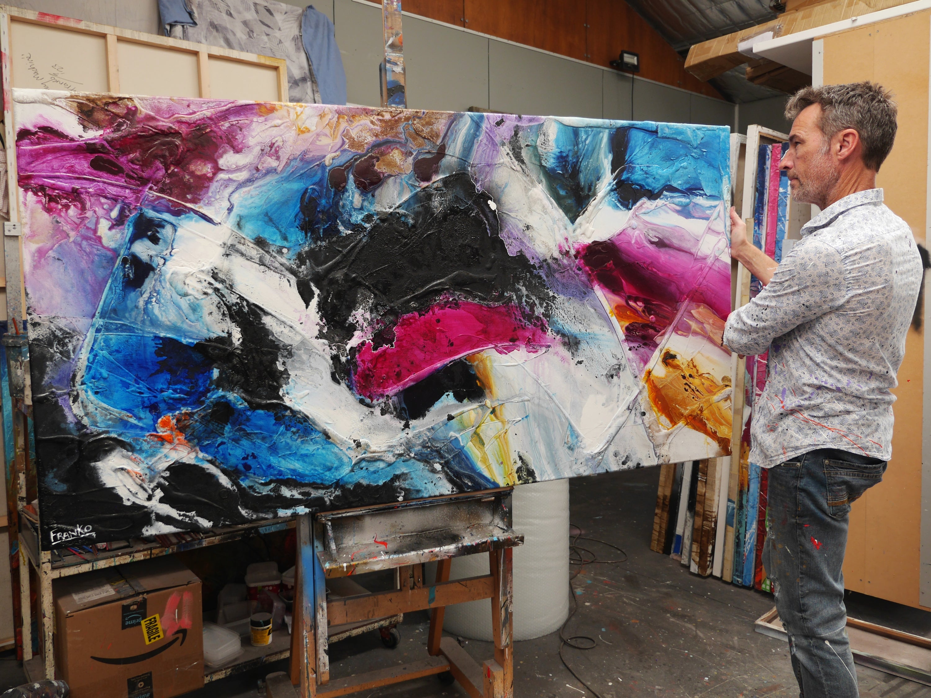 Mixed Substance 190cm x 100cm Phalto Violet Orange Black Textured Abstract Painting (SOLD)-Abstract-[Franko_Artist]-[The_Block]-[Dream_Homes]-[ideas]- [Grand_Designs]-Franklin Art Studio