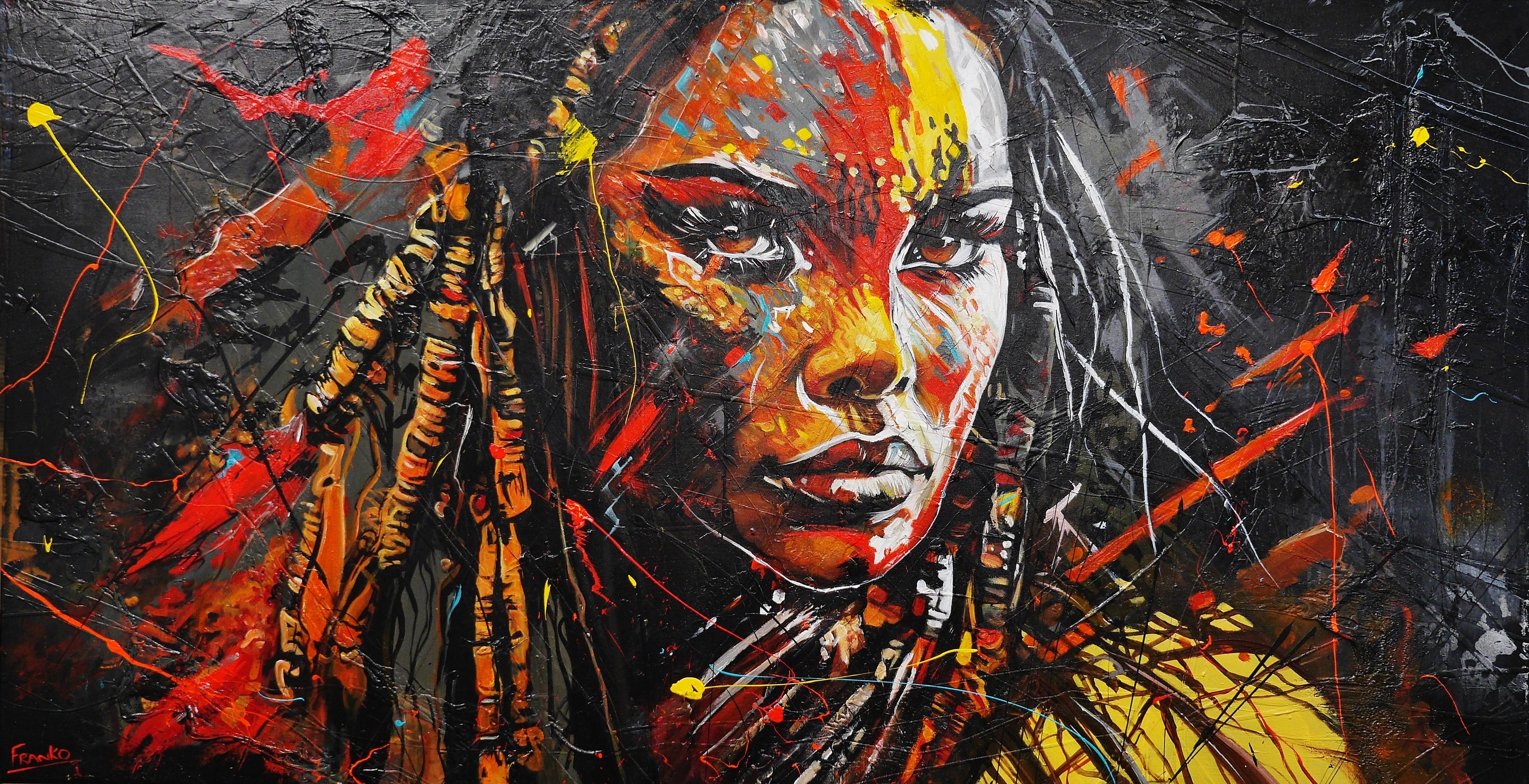 Warrioress 190cm x 100cm Brave and Beautiful Abstract Framed Textured Painting (SOLD)-people-[Franko_Artist]-[Australian_artist]-[Gold_Coast]-[Brisbane]-[modern]-[contemporary]-[original]-[Large_artwork]-Franklin Art Studio