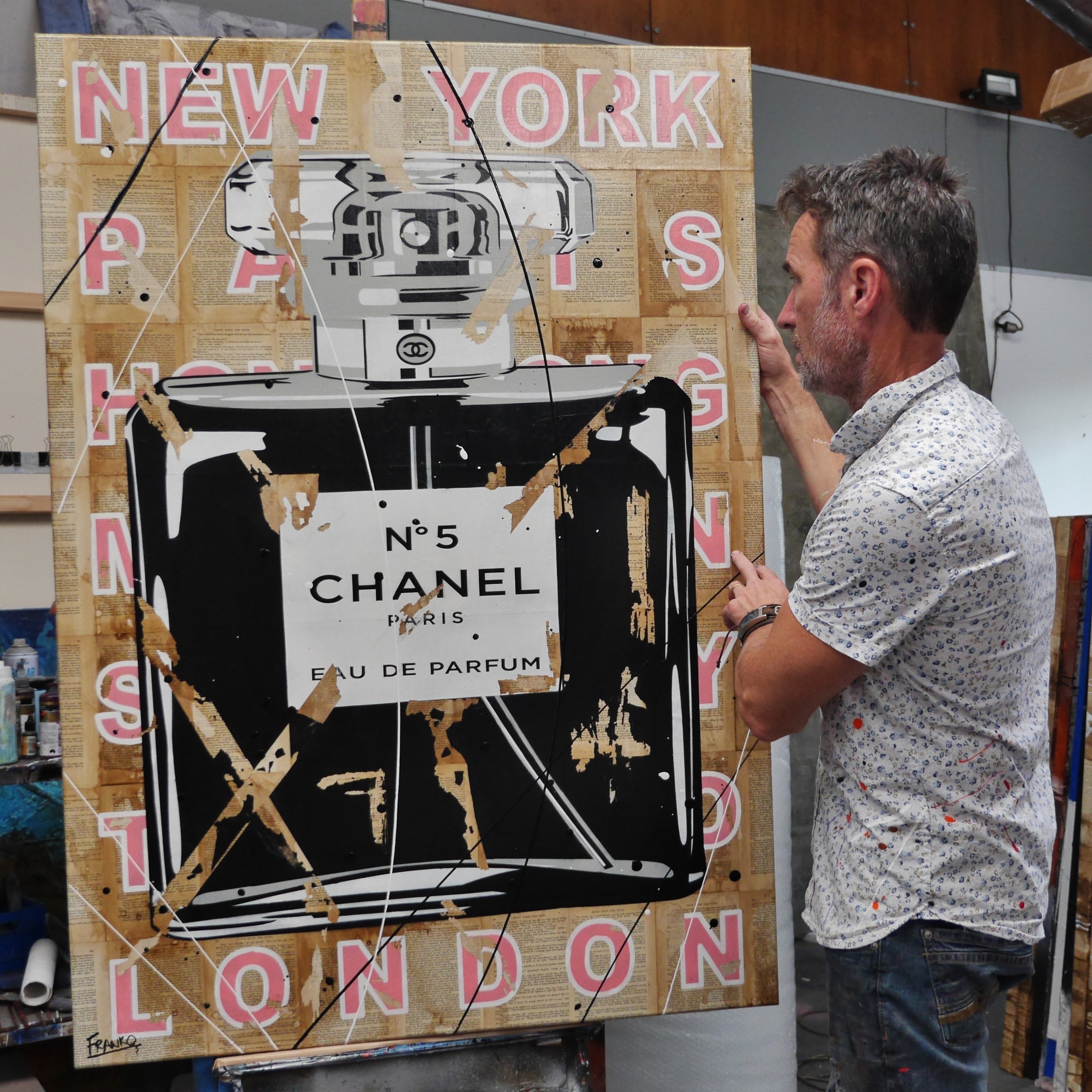 Ripped Fragrances 140cm x 100cm Chanel Perfume Bottle Urban Pop Book Club Painting (SOLD)-book club-[Franko_Artist]-[The_Block]-[Dream_Homes]-[ideas]- [Grand_Designs]-Franklin Art Studio