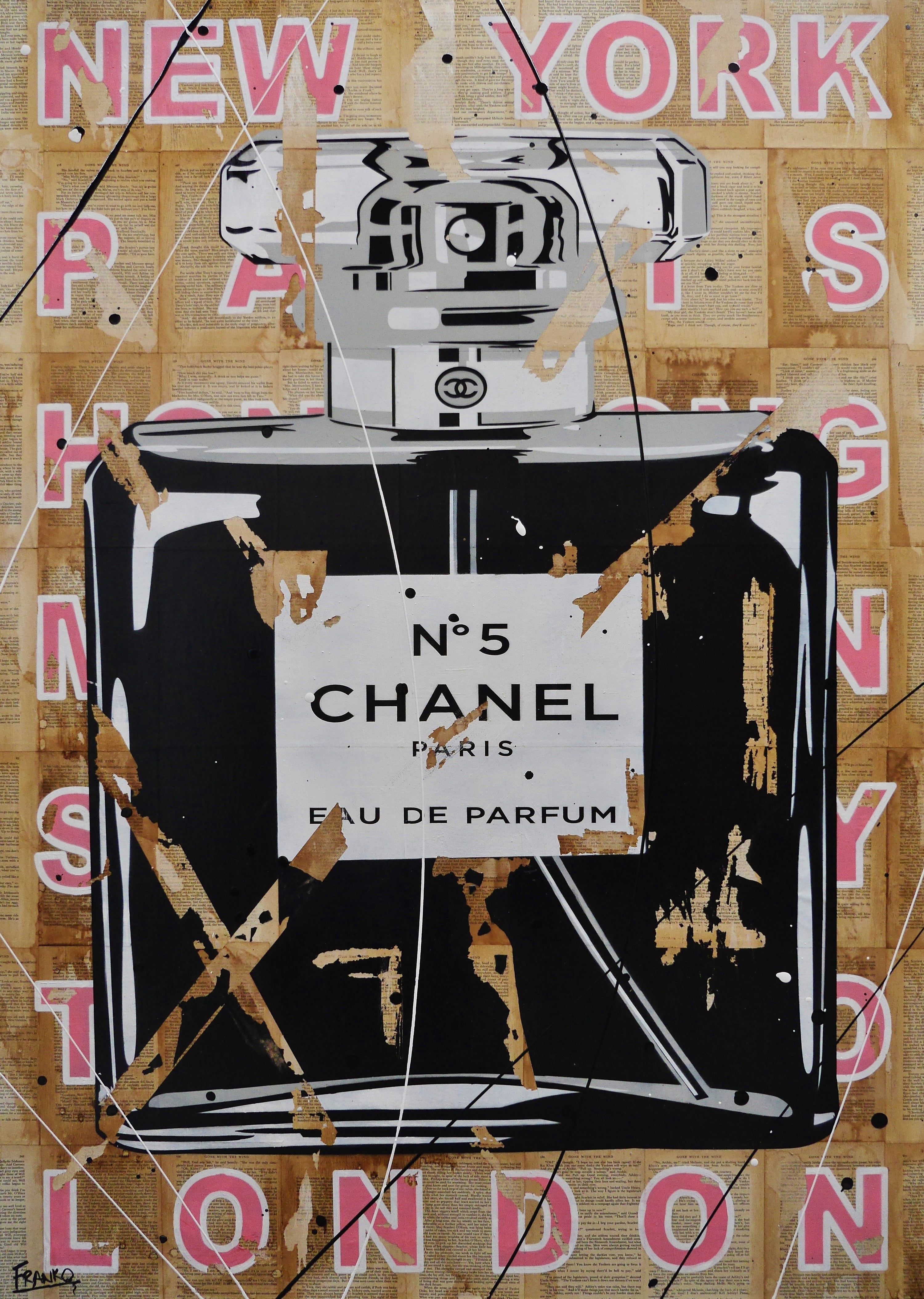 Ripped Fragrances 140cm x 100cm Chanel Perfume Bottle Urban Pop Book Club Painting (SOLD)-book club-[Franko_Artist]-[Australian_artist]-[Gold_Coast]-[Brisbane]-[modern]-[contemporary]-[original]-[Large_artwork]-Franklin Art Studio