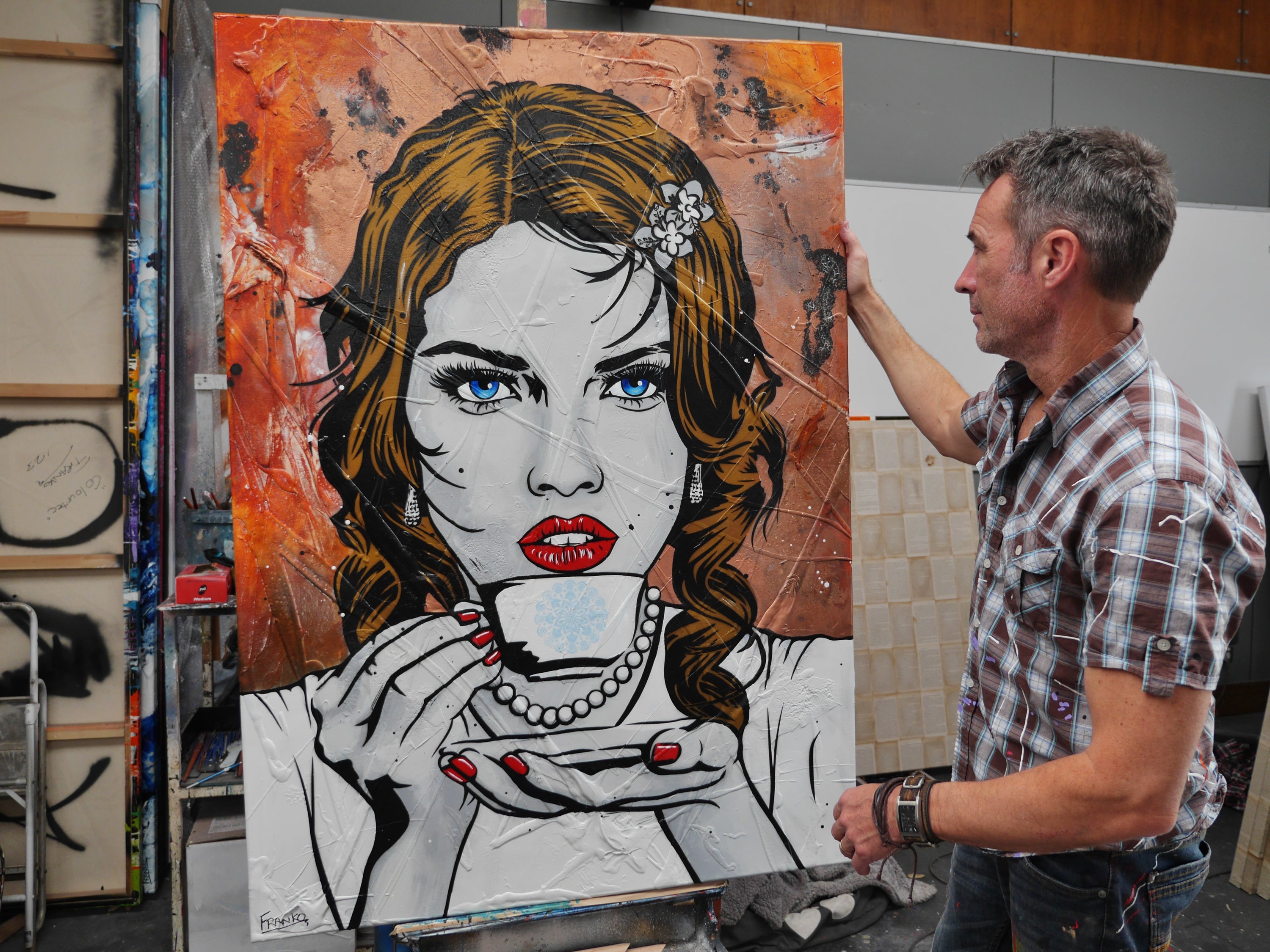 Ahhh! 140cm x 100cm Coffee Girl Textured Urban Pop Art Painting (SOLD)-Urban Pop Art-[Franko_Artist]-[The_Block]-[Dream_Homes]-[ideas]- [Grand_Designs]-Franklin Art Studio