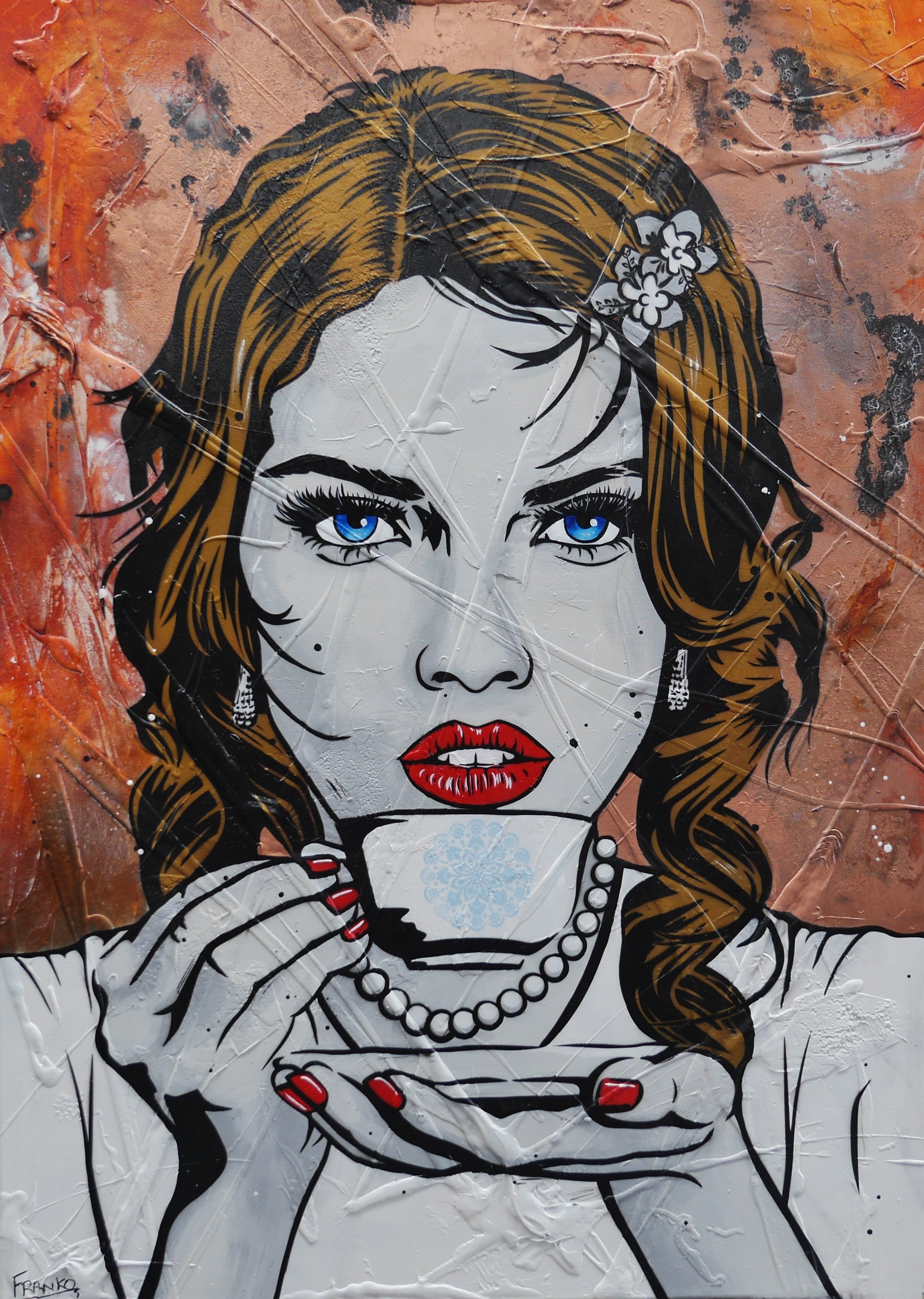 Ahhh! 140cm x 100cm Coffee Girl Textured Urban Pop Art Painting (SOLD)-Urban Pop Art-[Franko_Artist]-[Australian_artist]-[Gold_Coast]-[Brisbane]-[modern]-[contemporary]-[original]-[Large_artwork]-Franklin Art Studio