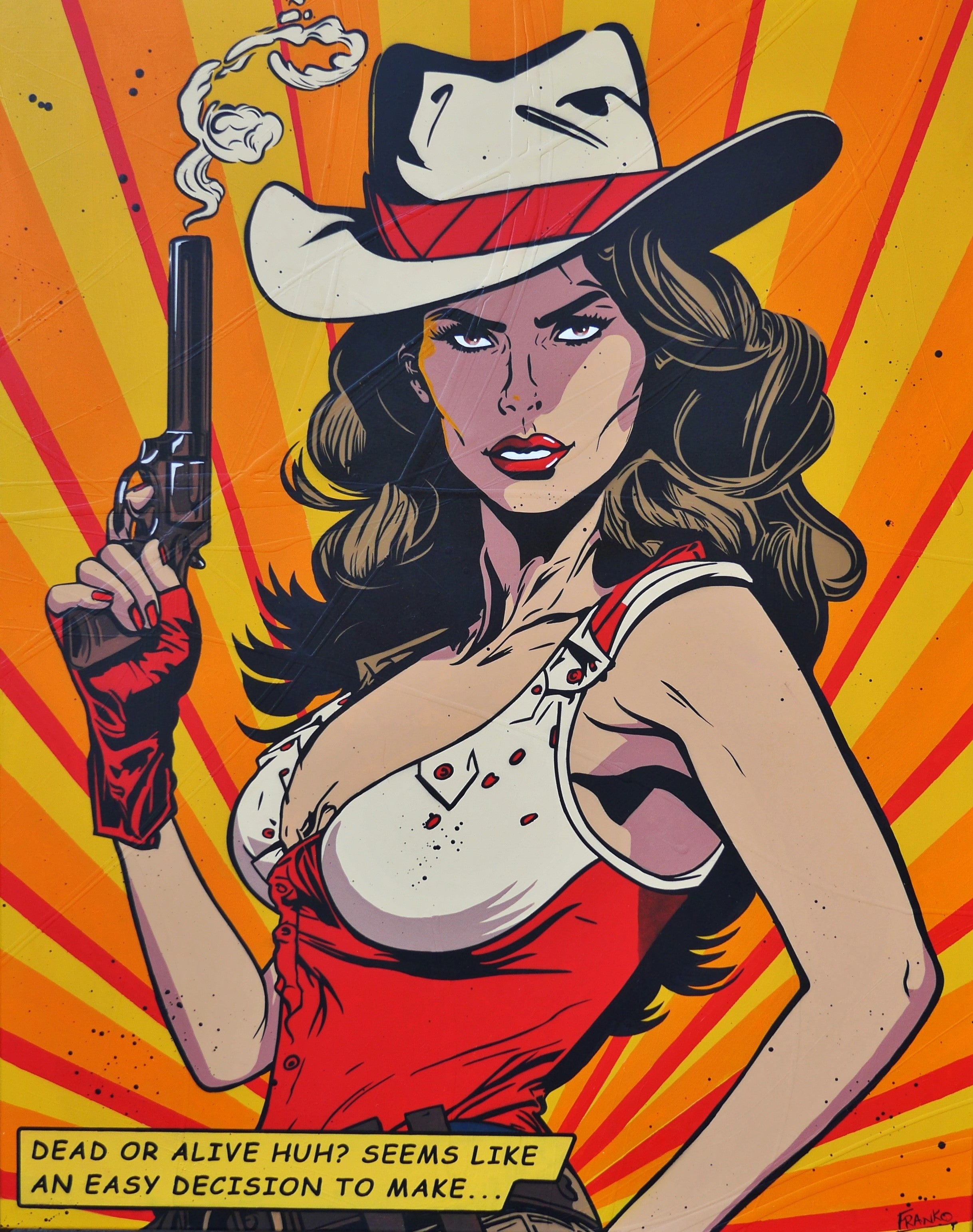 Choices 120cm x 150cm Cowgirl Textured Urban Pop Art Painting (SOLD)-Urban Pop Art-[Franko_Artist]-[Australian_artist]-[Gold_Coast]-[Brisbane]-[modern]-[contemporary]-[original]-[Large_artwork]-Franklin Art Studio