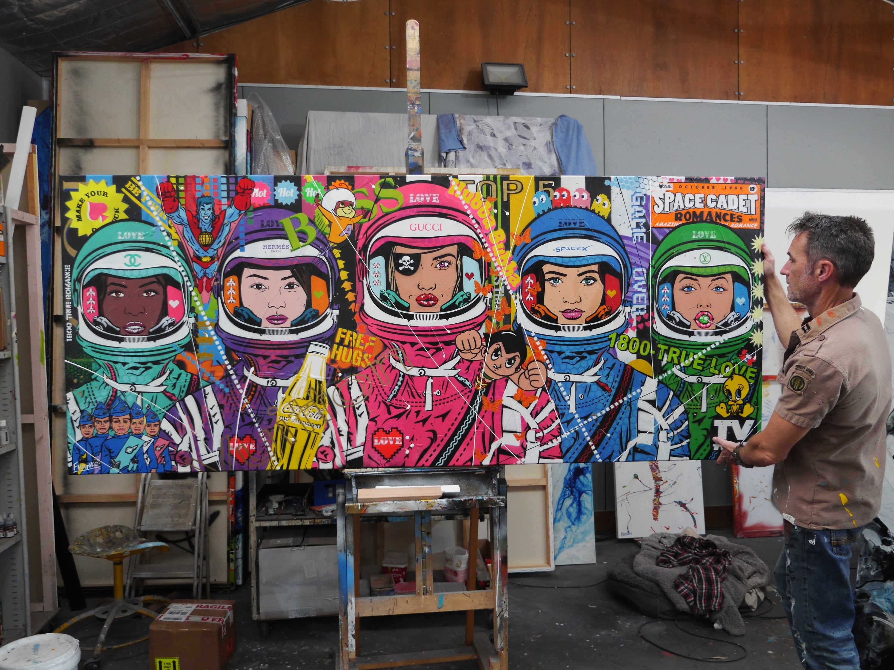 The Mission 240cm x 100cm Space Cadets Textured Urban Pop Art Painting (SOLD)-Urban Pop Art-[Franko_Artist]-[The_Block]-[Dream_Homes]-[ideas]- [Grand_Designs]-Franklin Art Studio