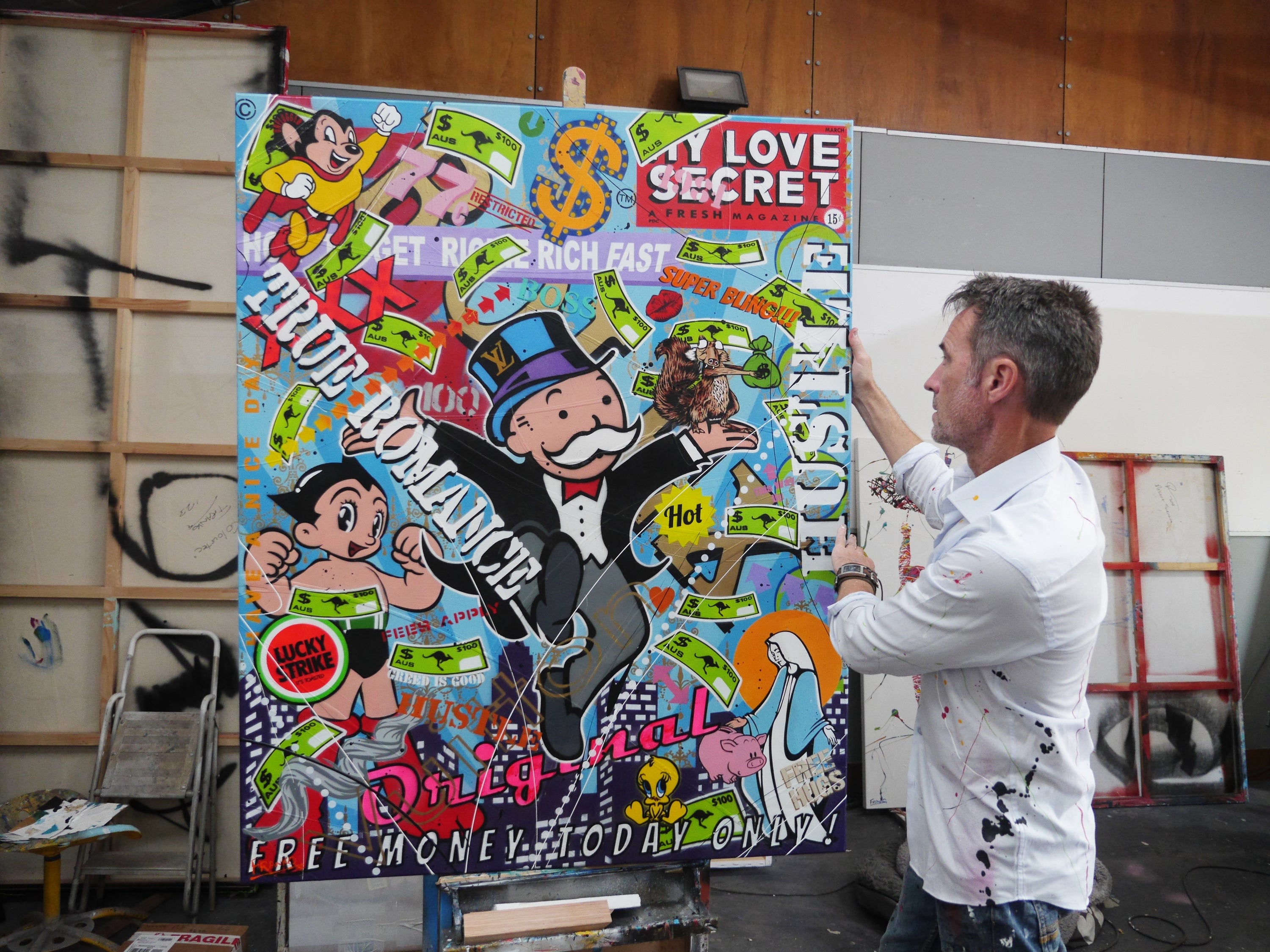 Money Bags 120cm x 150cm Monopoly Man Textured Urban Pop Art Painting (SOLD)-Urban Pop Art-[Franko_Artist]-[The_Block]-[Dream_Homes]-[ideas]- [Grand_Designs]-Franklin Art Studio