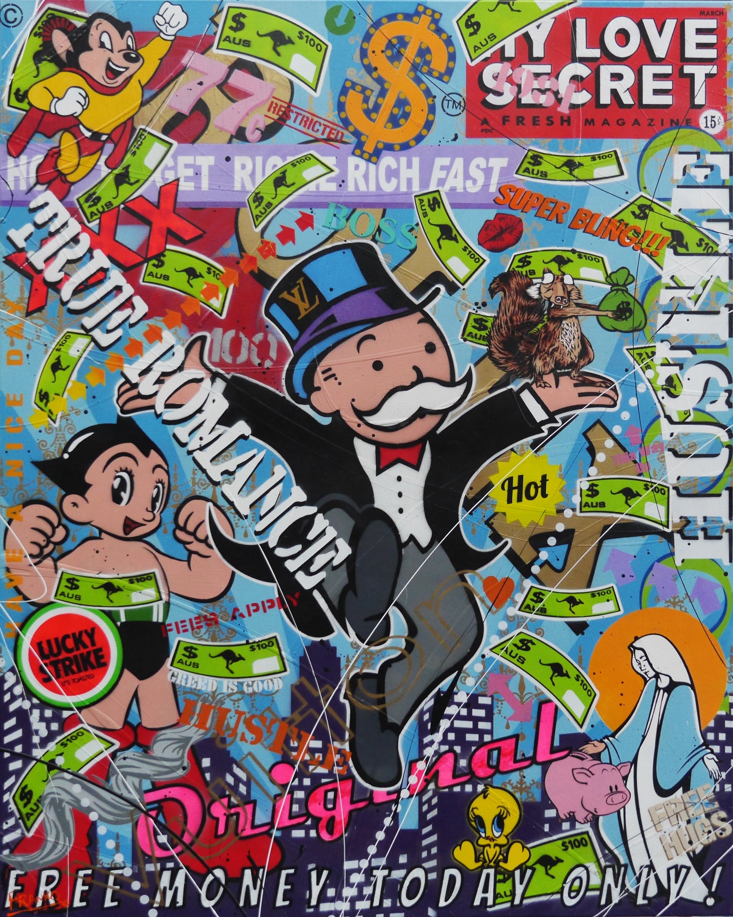 Money Bags 120cm x 150cm Monopoly Man Textured Urban Pop Art Painting (SOLD)-Urban Pop Art-[Franko_Artist]-[Australian_artist]-[Gold_Coast]-[Brisbane]-[modern]-[contemporary]-[original]-[Large_artwork]-Franklin Art Studio