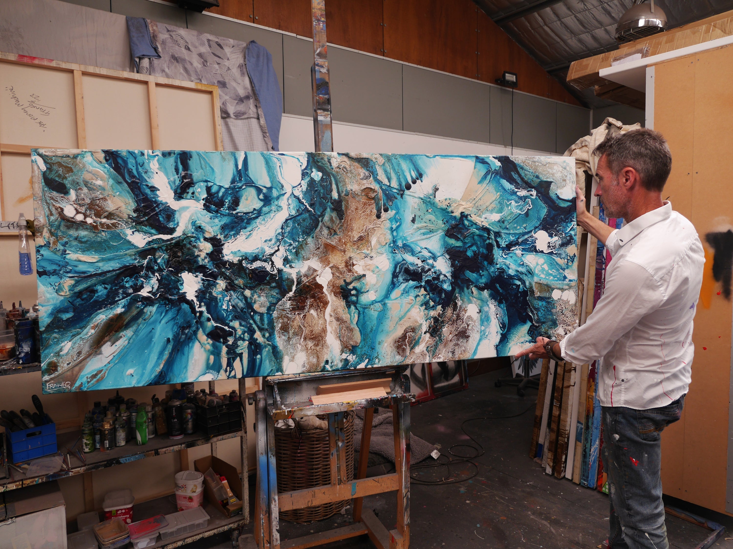 Southern Jam 200cm x 80cm Teal Rust White Textured Abstract Painting (SOLD)-Abstract-[Franko_Artist]-[The_Block]-[Dream_Homes]-[ideas]- [Grand_Designs]-Franklin Art Studio
