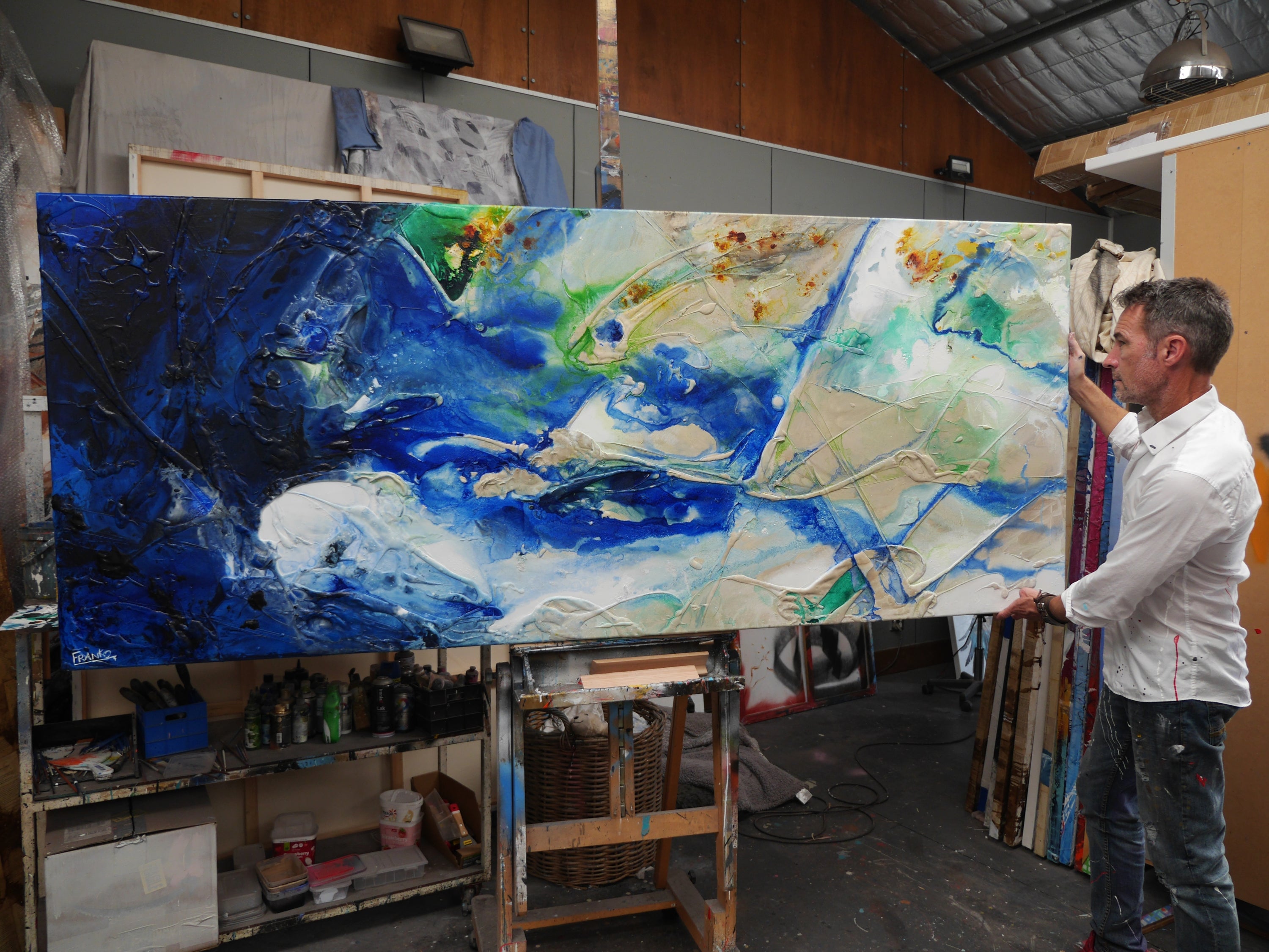 The Natural 240cm x 100cm Blue Green Cream Textured Abstract Painting (SOLD)-Abstract-[Franko_Artist]-[The_Block]-[Dream_Homes]-[ideas]- [Grand_Designs]-Franklin Art Studio