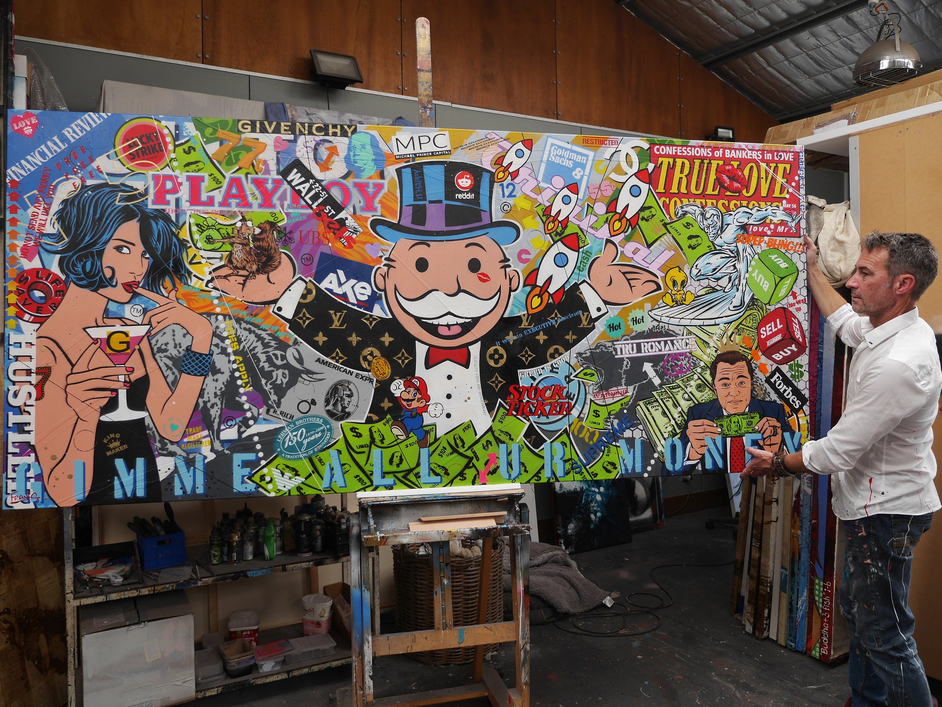 Hush Money 270cm x 120cm Textured Urban Pop Art Painting (SOLD)-Urban Pop Art-[Franko_Artist]-[The_Block]-[Dream_Homes]-[ideas]- [Grand_Designs]-Franklin Art Studio