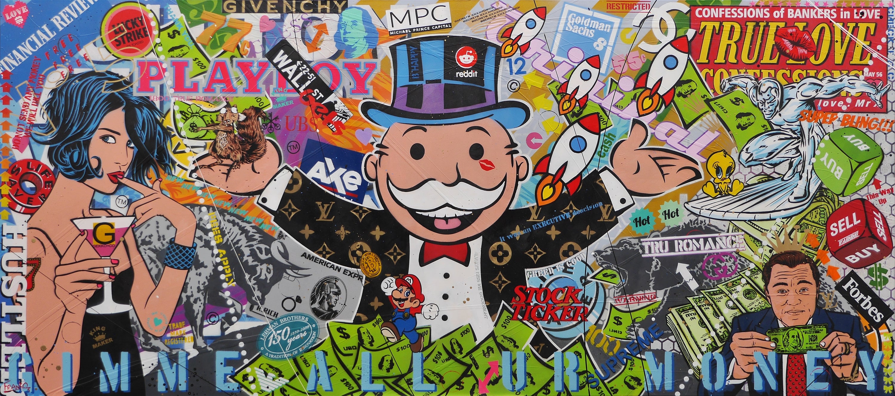 Hush Money 270cm x 120cm Textured Urban Pop Art Painting (SOLD)-Urban Pop Art-[Franko_Artist]-[Australian_artist]-[Gold_Coast]-[Brisbane]-[modern]-[contemporary]-[original]-[Large_artwork]-Franklin Art Studio