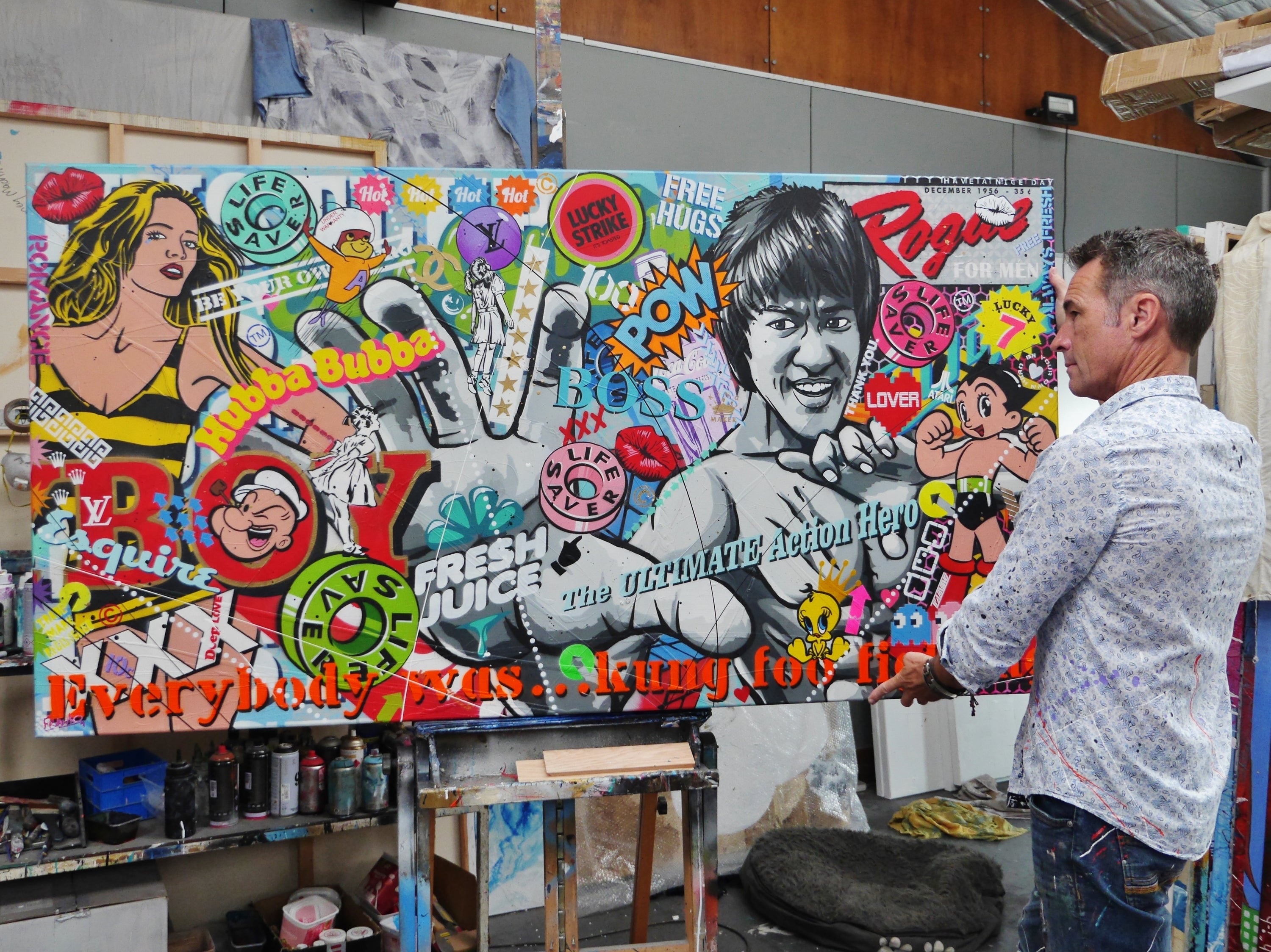 Rogue Bruce 190cm x 100cm Bruce Lee Textured Urban Pop Art Painting (SOLD)-Urban Pop Art-[Franko_Artist]-[The_Block]-[Dream_Homes]-[ideas]- [Grand_Designs]-Franklin Art Studio