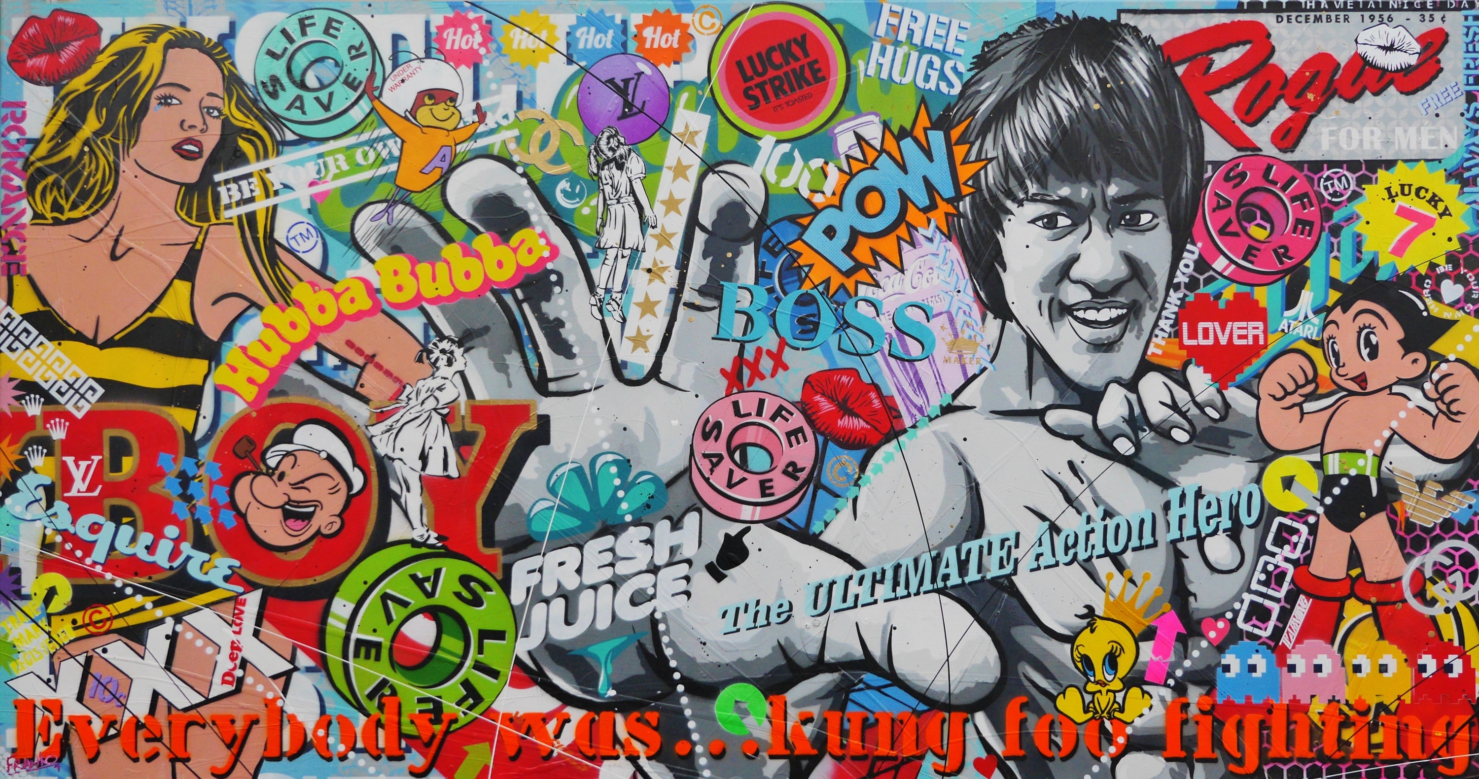Rogue Bruce 190cm x 100cm Bruce Lee Textured Urban Pop Art Painting (SOLD)-Urban Pop Art-[Franko_Artist]-[Australian_artist]-[Gold_Coast]-[Brisbane]-[modern]-[contemporary]-[original]-[Large_artwork]-Franklin Art Studio