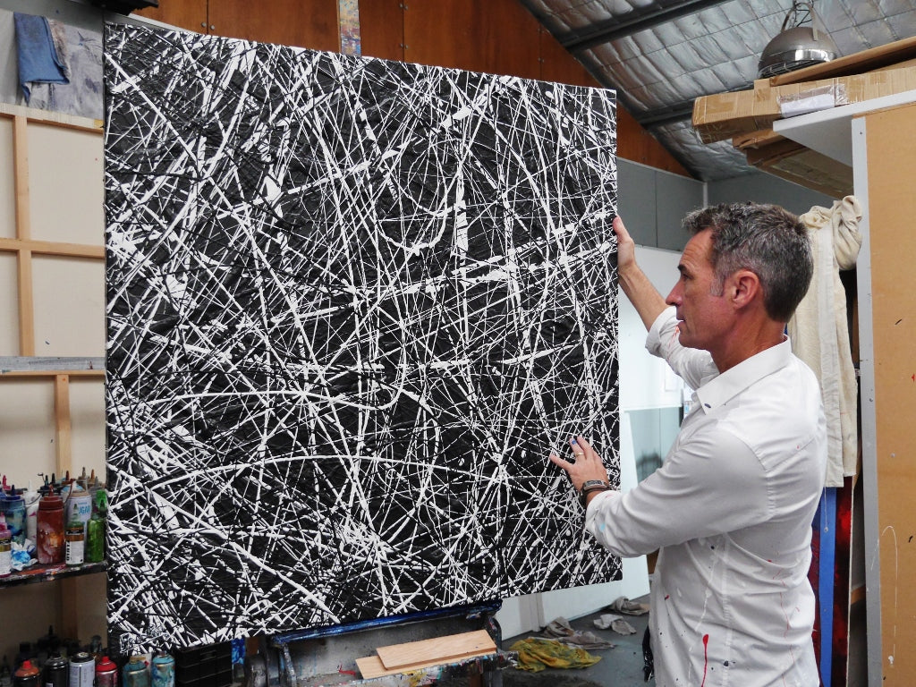 Brainiac 120cm x 120cm Black White Textured Abstract Painting (SOLD)-Abstract-[Franko_Artist]-[The_Block]-[Dream_Homes]-[ideas]- [Grand_Designs]-Franklin Art Studio