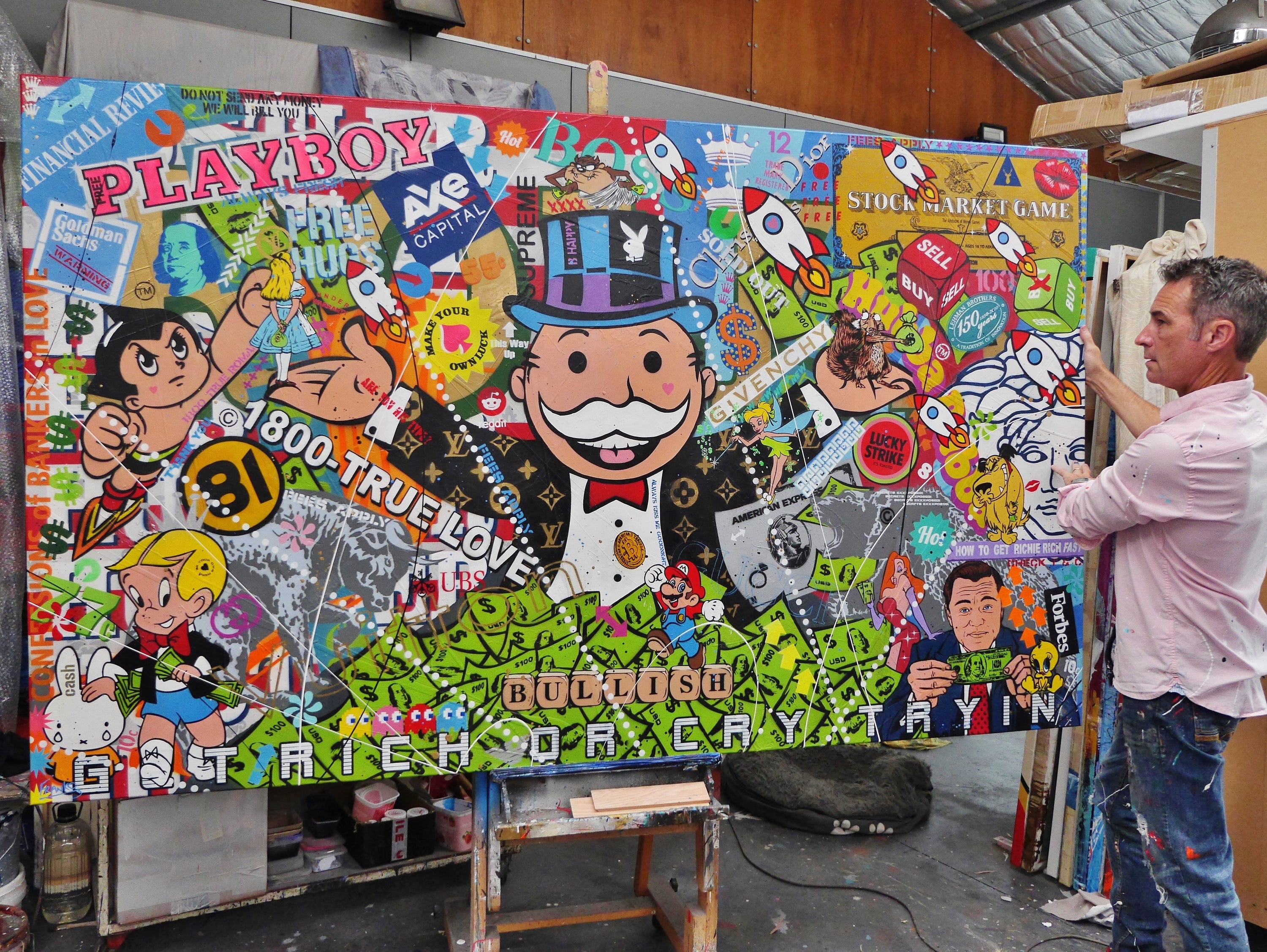 Bullish 250cm x 150cm Monopoly Man Textured Urban Pop Art Painting (SOLD)-Urban Pop Art-[Franko_Artist]-[The_Block]-[Dream_Homes]-[ideas]- [Grand_Designs]-Franklin Art Studio