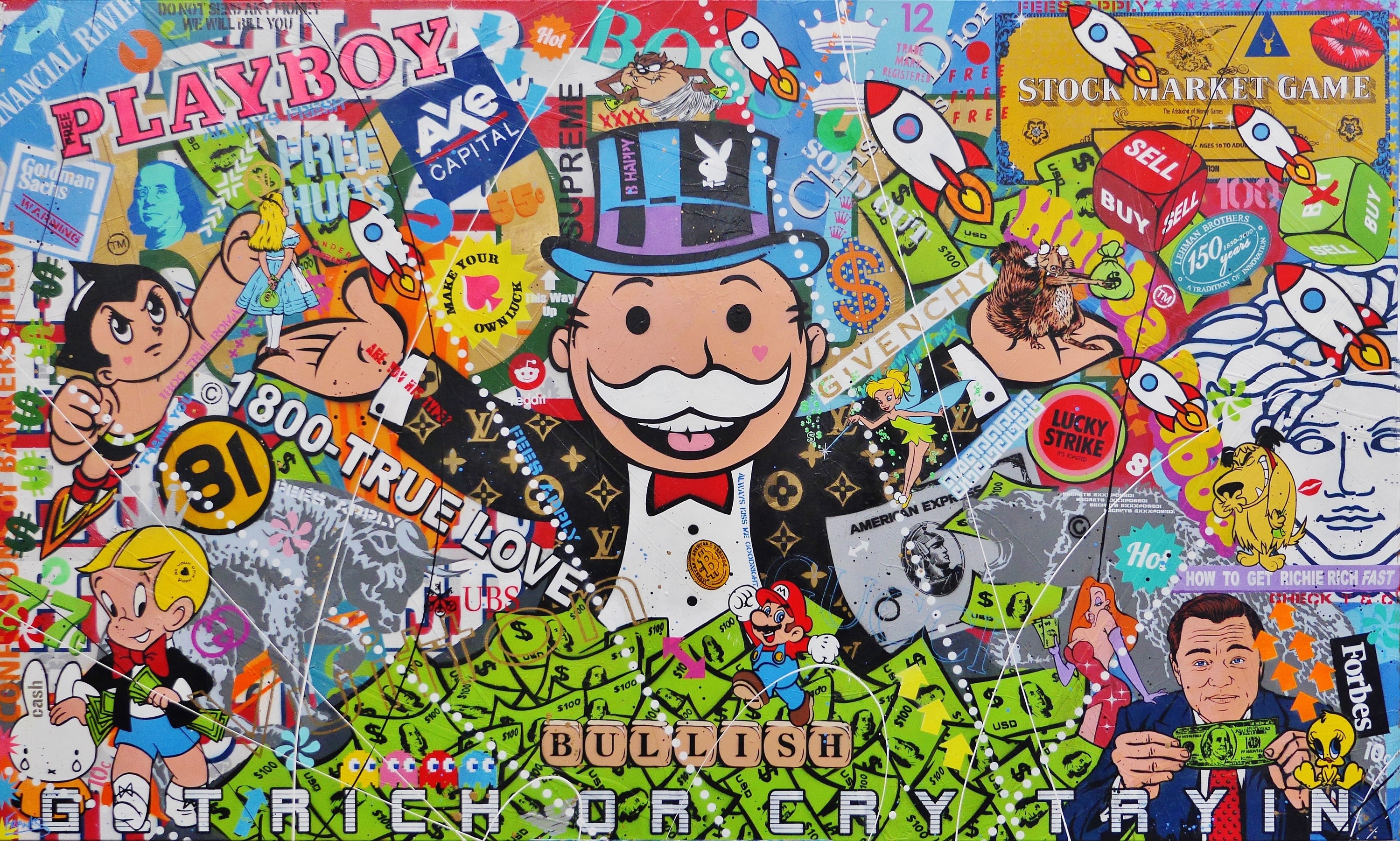 Bullish 250cm x 150cm Monopoly Man Textured Urban Pop Art Painting (SOLD)-Urban Pop Art-[Franko_Artist]-[Australian_artist]-[Gold_Coast]-[Brisbane]-[modern]-[contemporary]-[original]-[Large_artwork]-Franklin Art Studio