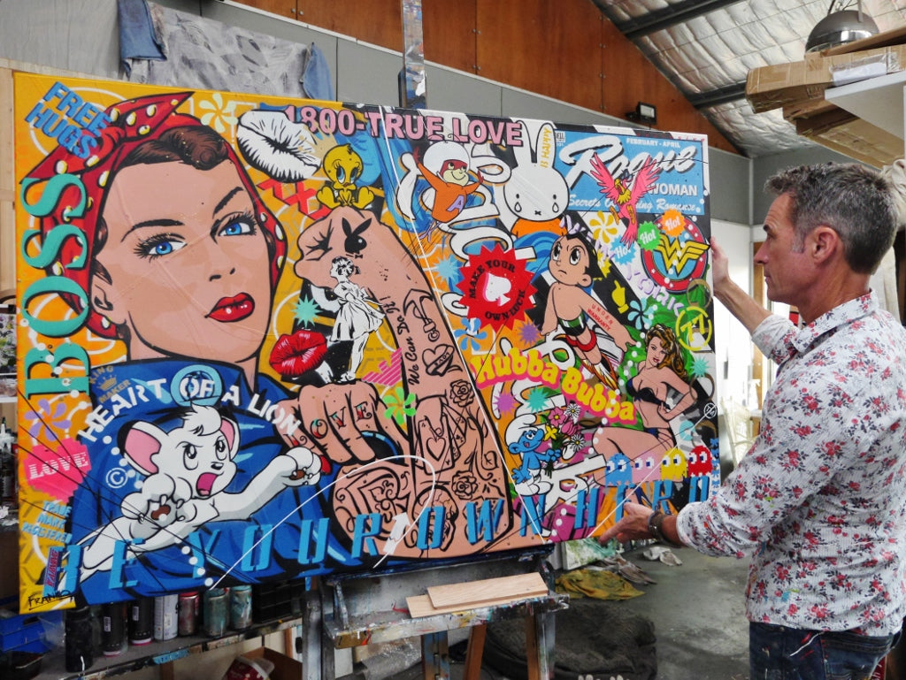Astro Rosie 160cm x 100cm Rosie The Riveter Textured Urban Pop Art Painting (SOLD)-Urban Pop Art-[Franko_Artist]-[The_Block]-[Dream_Homes]-[ideas]- [Grand_Designs]-Franklin Art Studio