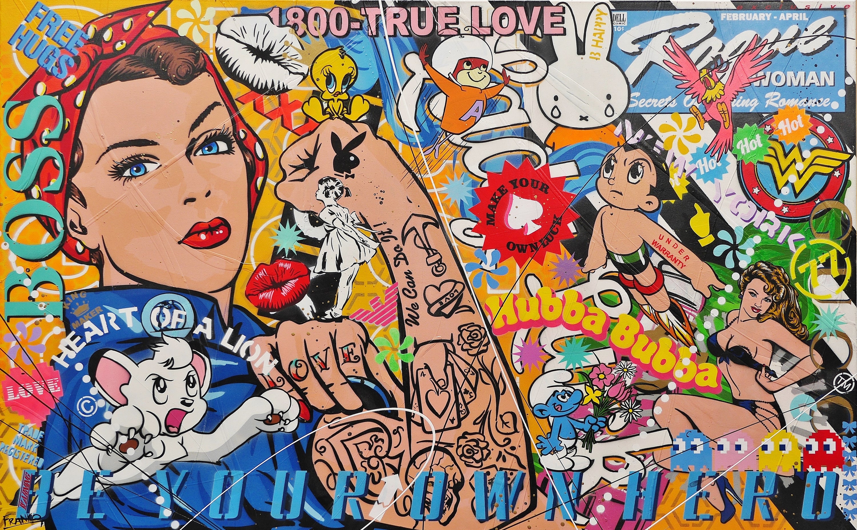 Astro Rosie 160cm x 100cm Rosie The Riveter Textured Urban Pop Art Painting (SOLD)-Urban Pop Art-[Franko_Artist]-[Australian_artist]-[Gold_Coast]-[Brisbane]-[modern]-[contemporary]-[original]-[Large_artwork]-Franklin Art Studio